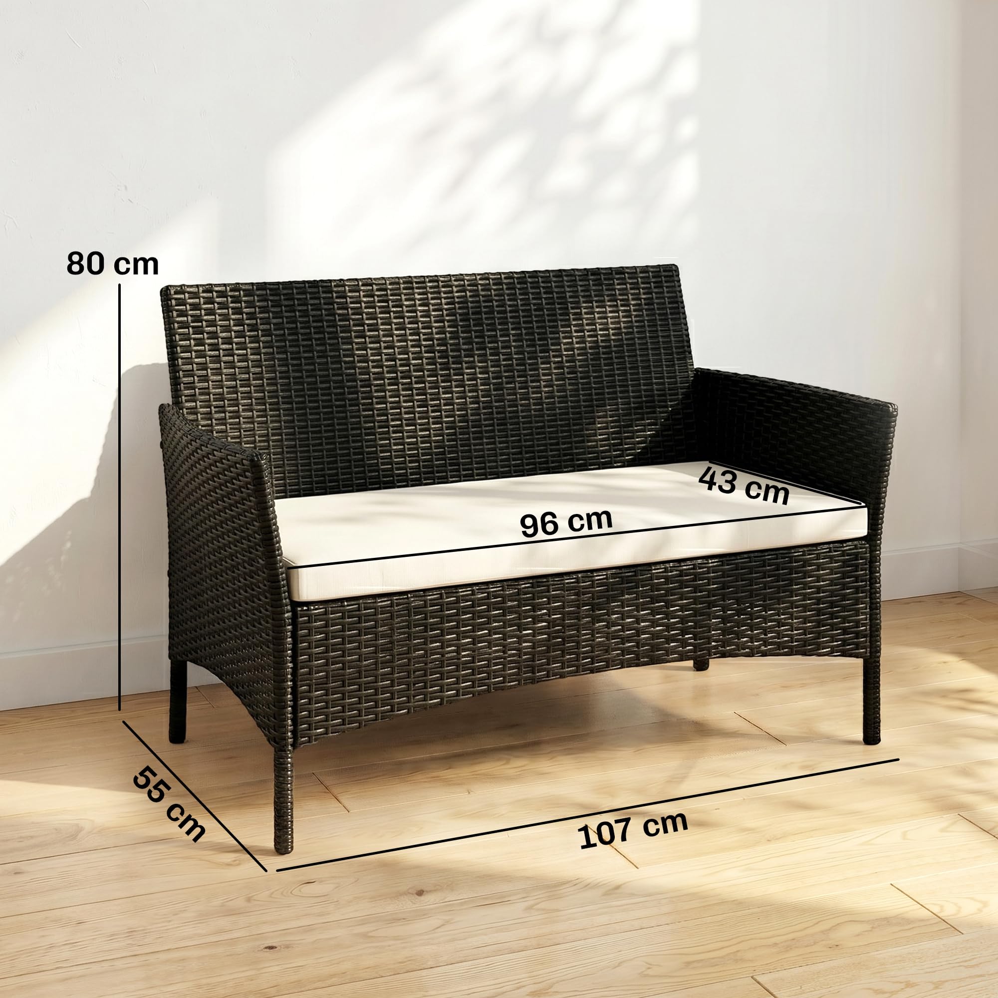 Outsunny Canapé de Jardin en rotin PE et Acier, Canapé d'extérieur 2 Places avec Coussin et accoudoirs, 100x54x80cm, Noir