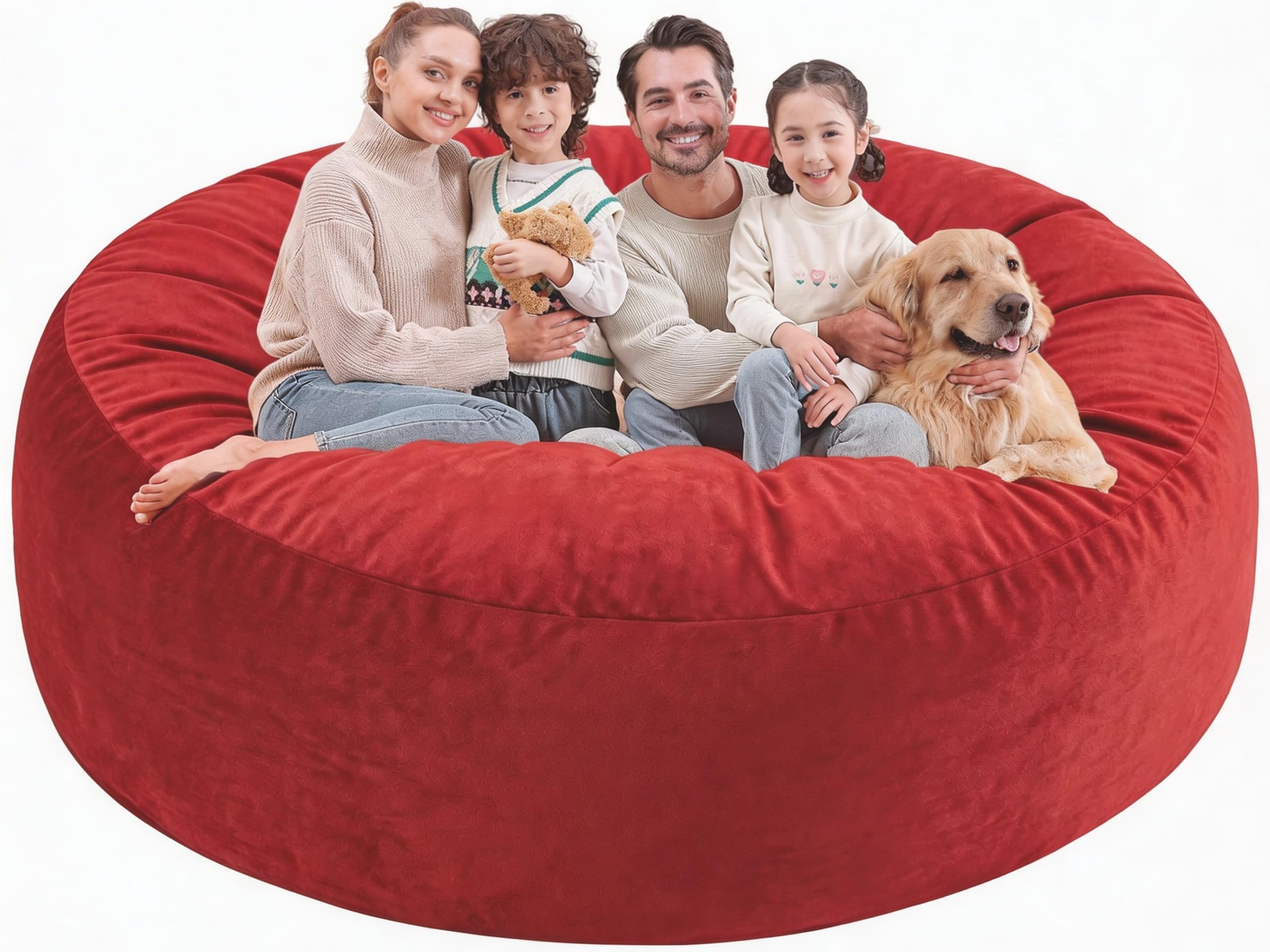 SIMFLAG 7FT Bean Bag Chair, Large Bean Bag Chairs with Memory Foam Filled, Fluffy Beanbag Sofa with Dutch Velvet Cover, Round BeanBag Chairs for Living Room, Playroom - Red