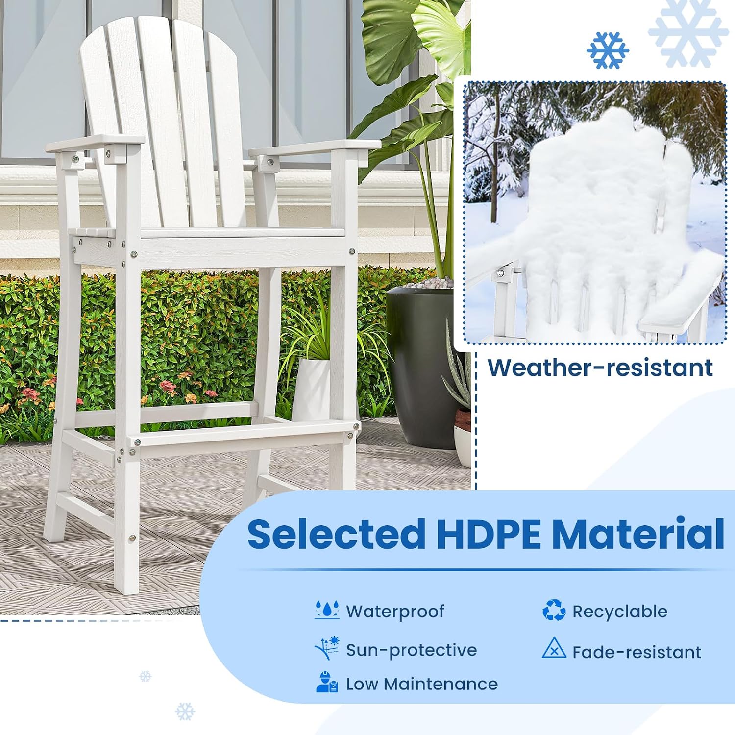 Tangkula Outdoor Tall Adirondack Chair 30 Inches Seat Height, HDPE Bar Height Patio Chair with High Backrest, Armrests and Footrest, Outdoor Bar Stool for Balcony Deck Garden Poolside (2, White)