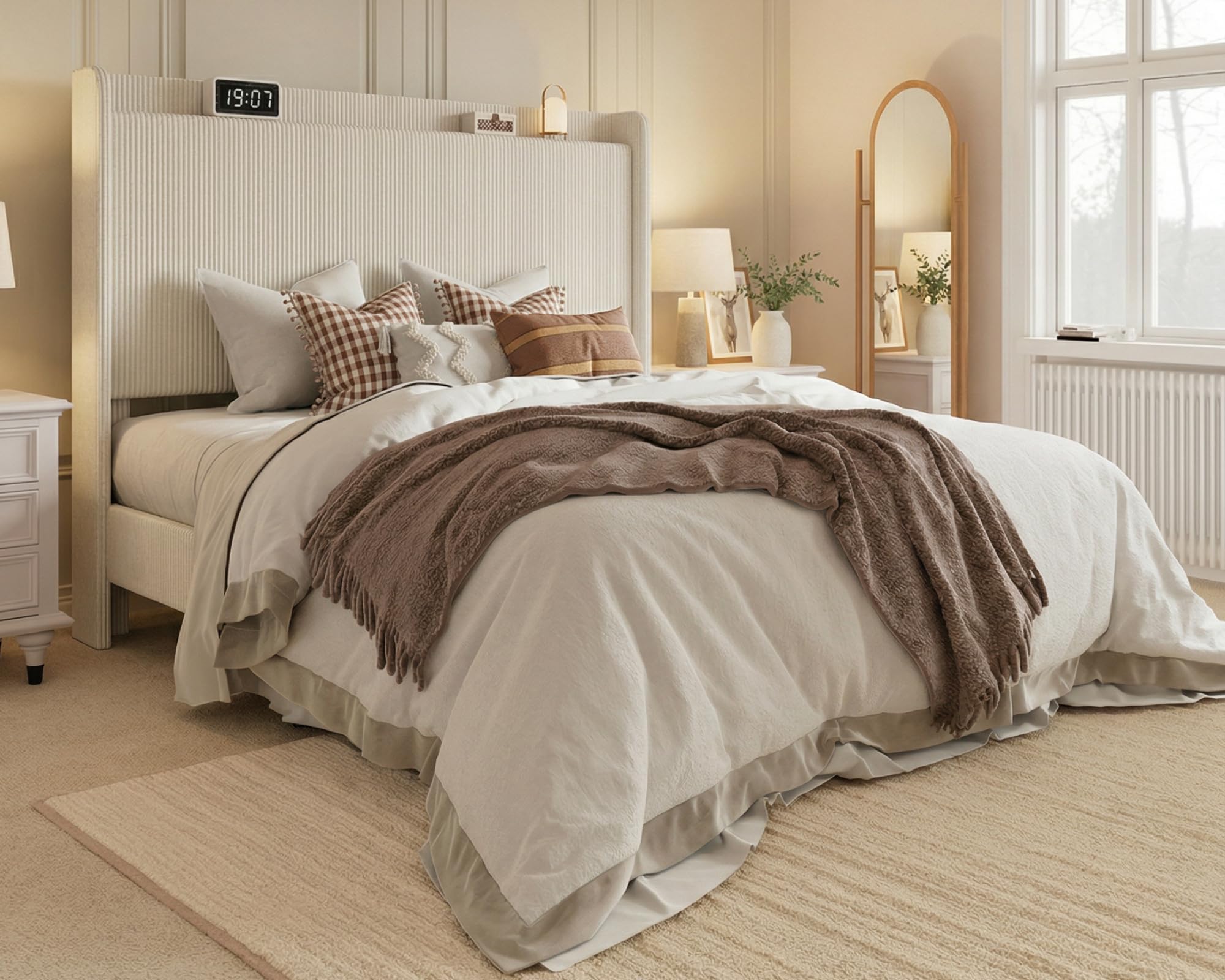 YITAHOME Queen Bed Frame with Adjustable Corduroy Wingback Headboard 43.3"-47.2", Upholstered Platform Bed, Solid Wood Slat Support, No Box Spring Needed,Beige Cream