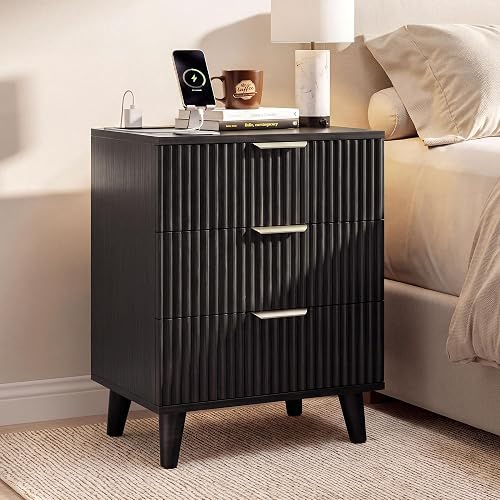 Fluted Night Stand with Charging Station Wood Modern Bedside Table | 20 inch wide End Table with 3 Large Storage Drawers Mid Century Tall Side Table - Black