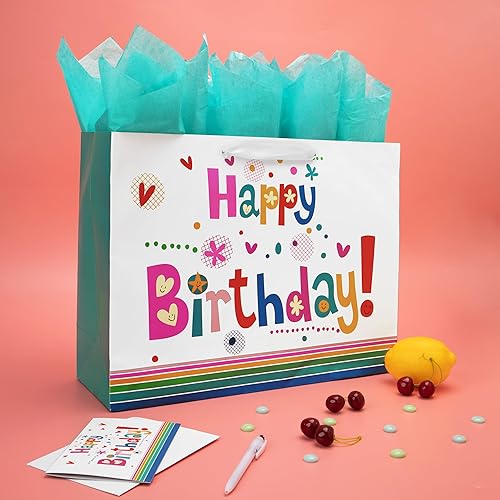 Miniatura 5 de Qirrmiy Juego de bolsas de regalo extra grandes de 16.5 pulgadas con tarjeta de felicitación y papel de seda verde (lindo "Happy Birthday") para