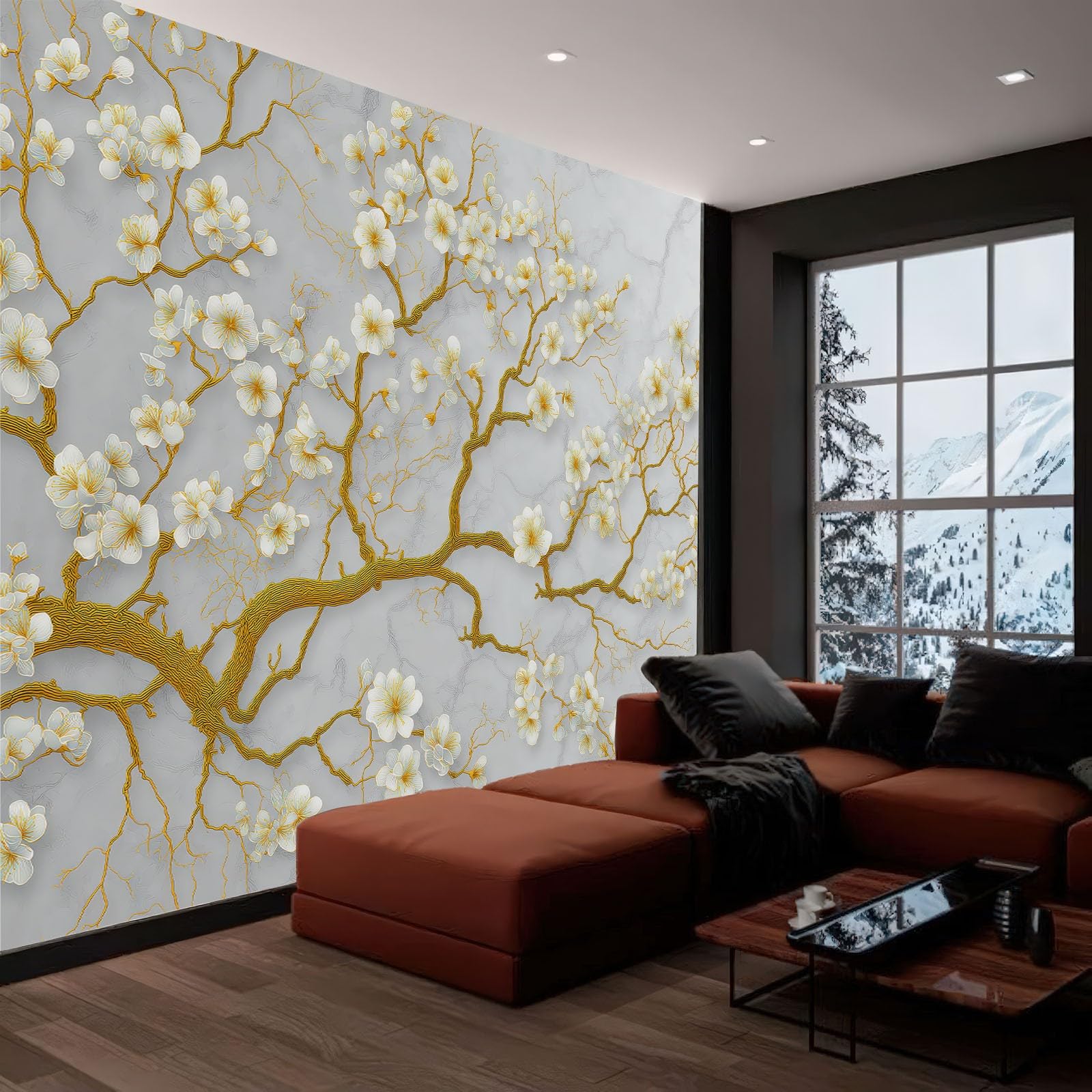Generico Fototapety ścienne zmywalne 300 x 210 cm - Eleganckie marmurowe gałęzie, oddychająca i trwała tapeta z włókniny, łatwa do nałożenia na ścianę, biała (bez kleju)