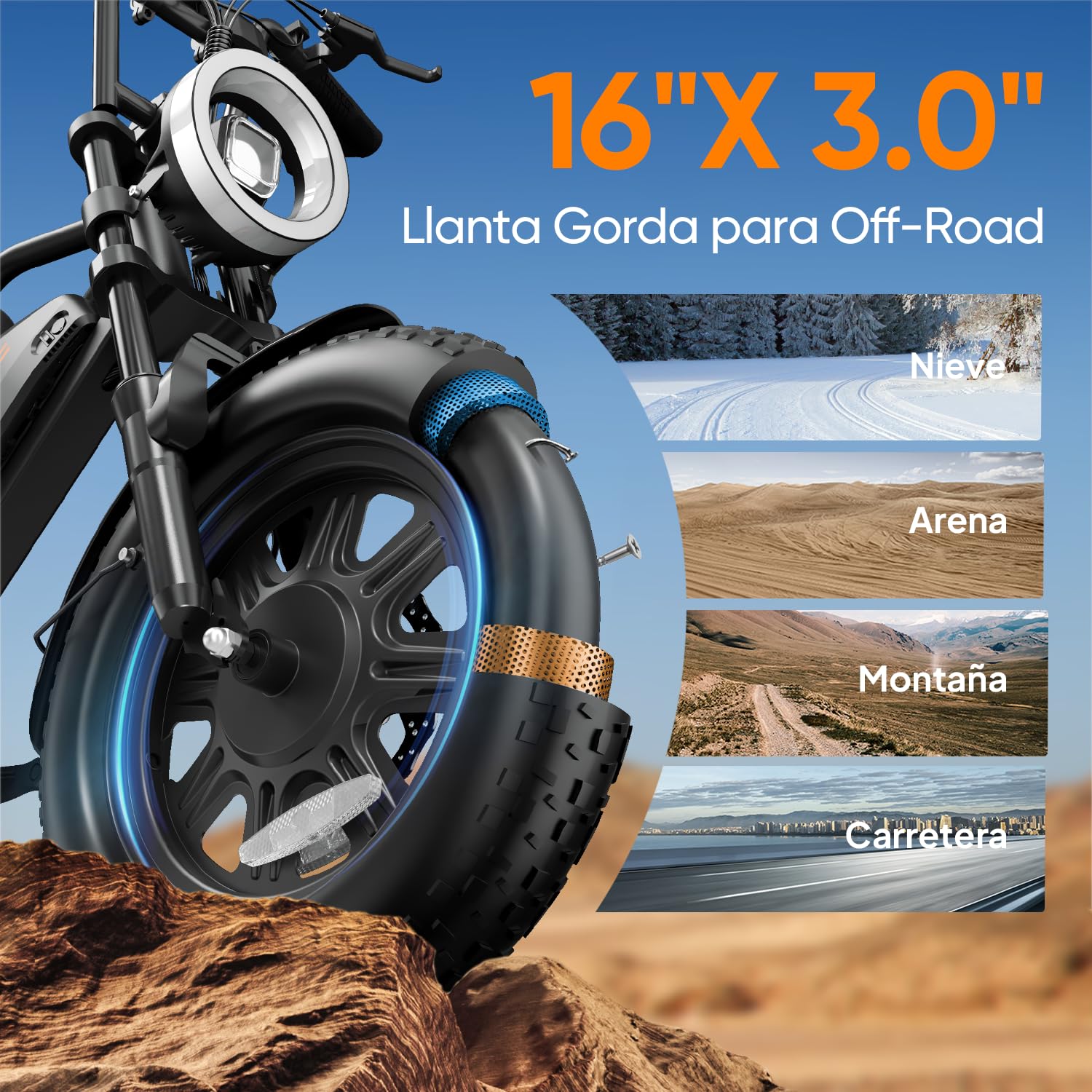 URLIFE Bicicleta Eléctrica para Adultos, 16" x 3.0 Alcance de 100km | Batería Extraíble de 48V y 13Ah, E Bike Motor Sin Escobillas de 250W, Bici Eléctrica para Adolescentes