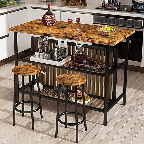 Miniatura 2 de AWQM Isla de cocina con asiento y estante de almacenamiento, mesa de isla de madera para cocina, mesa de bar moderna y sillas para 2, juego de mesa