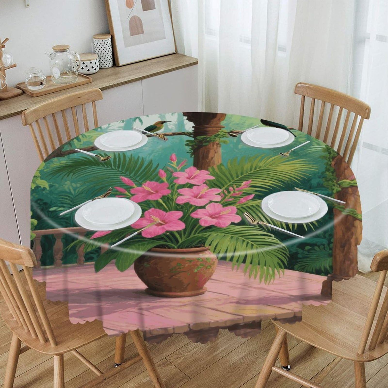 VstaDank Tropical Flowers Palm Leaves Round Tablecloth Wipeable Round Polyester Tablecloth Waterproof Wrinkle Free Indoor and Outdoor Table Cover 60 Inch Decorative Farmhouse Table Cloth for Dining