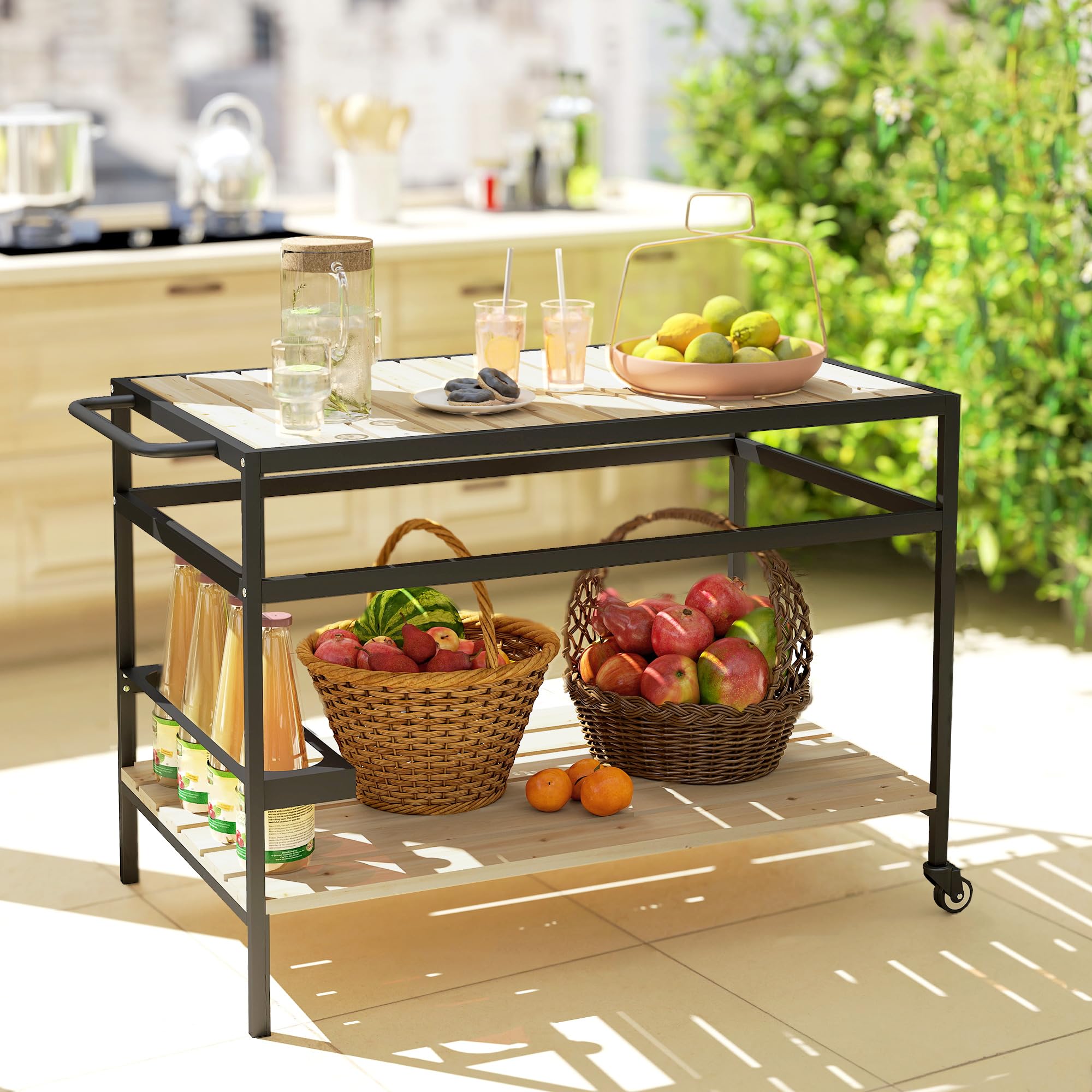 Outsunny Camarera con Ruedas de Madera Carro de Servicio con Encimera de Listones 2 Estantes 3 Ganchos y Asa para Jardín Terraza Patio 107x65x80 cm Natural