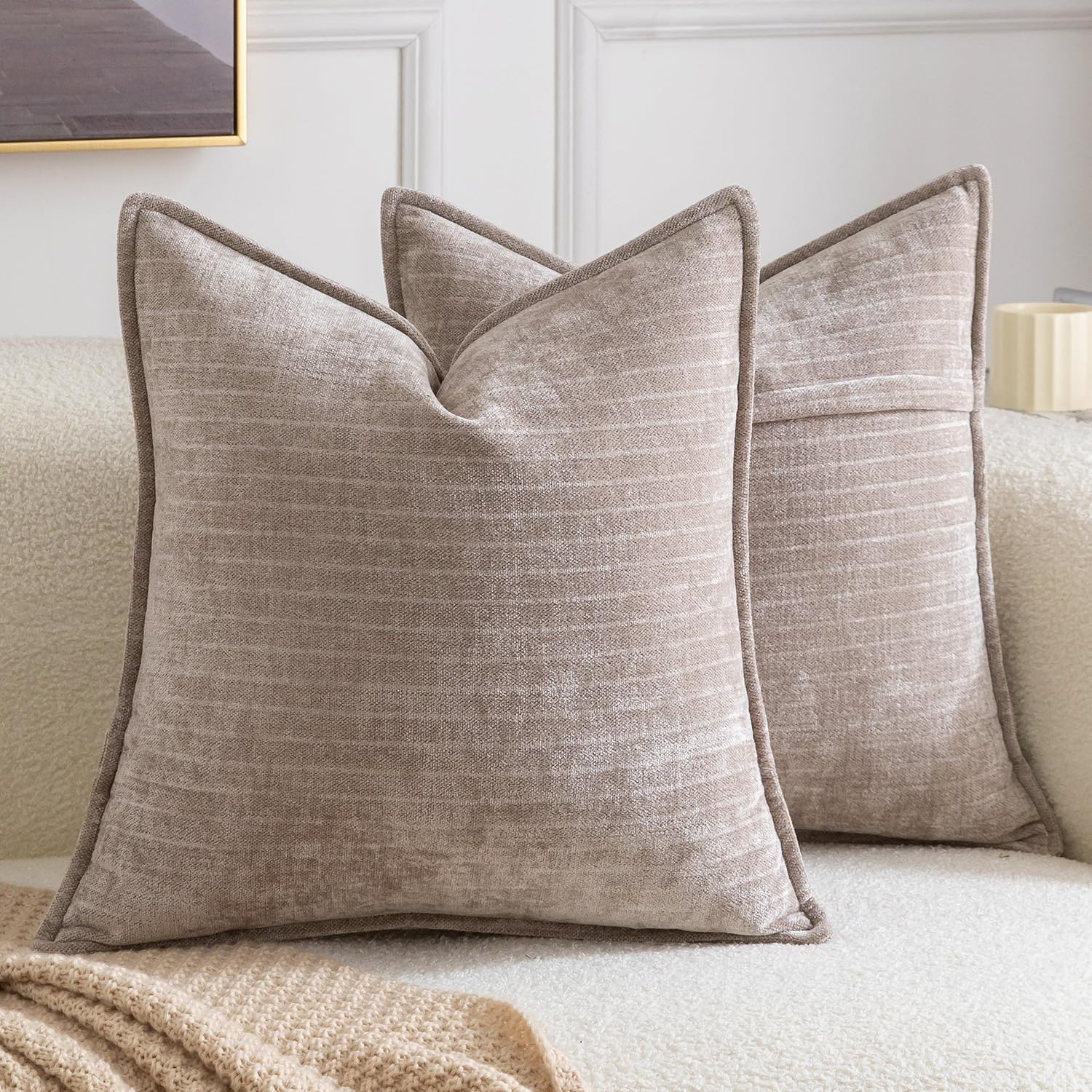 Madizz Pack of 2 Decorative Striped Cushion Covers Vintage Boho Soft Chenille Throw Pillows Luxurious Pillow Cases for Couch Sofa Bedroom Living Room 50x50 CM, Taupe โ image 1