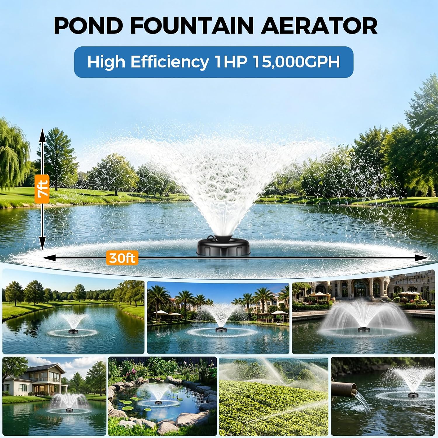 Pond Fountain Aerator, 1HP 110V 15000 GPH Stainless Steel Pond Pumps with Timer Switch, Fountains with 2x100 FT Traction Rope&100FT Power Cord, Floating Aerator Pump for Lake Pool