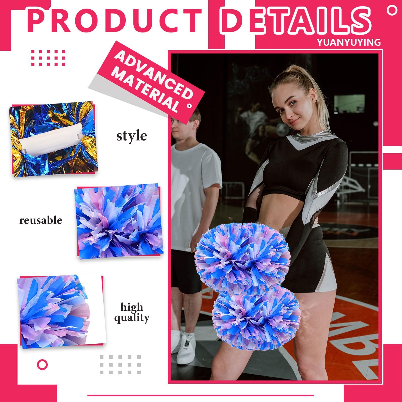 Cheer Pompony z uchwytem, ręczne pompony drużyny cheerleaderek, do drużyny sportowej, gry ducha, na imprezę taneczną, dla dorosłych, białe, niebieskie, różowe, 36 szt
