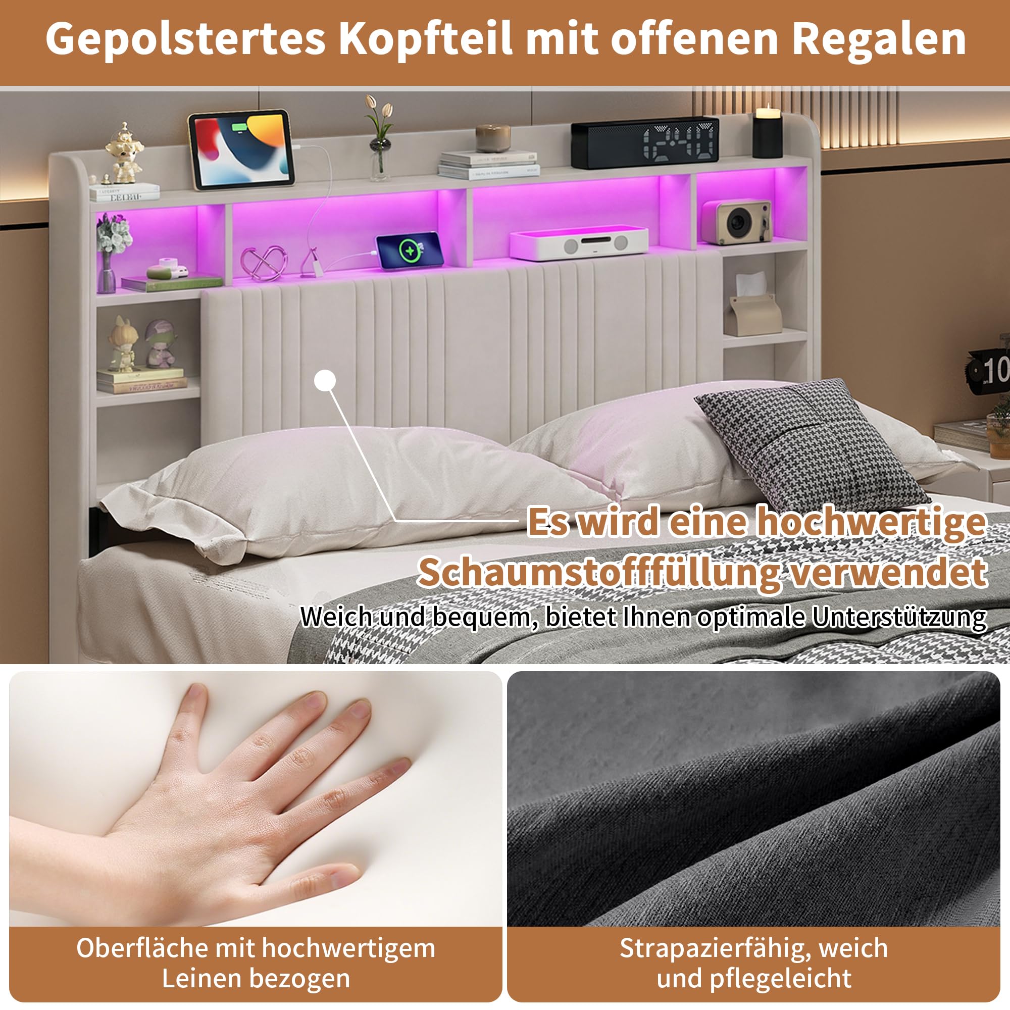 Polsterbett 140x200cm Doppelbett mit USB- und Typ-C-Ladeanschluss,LED Doppelbett Hydraulisch Stauraumbett mit Lattenrost,Jugendbett Funktionsbett,bett 140x200 mit stauraum (Beige+Leinen, 140x200cm)