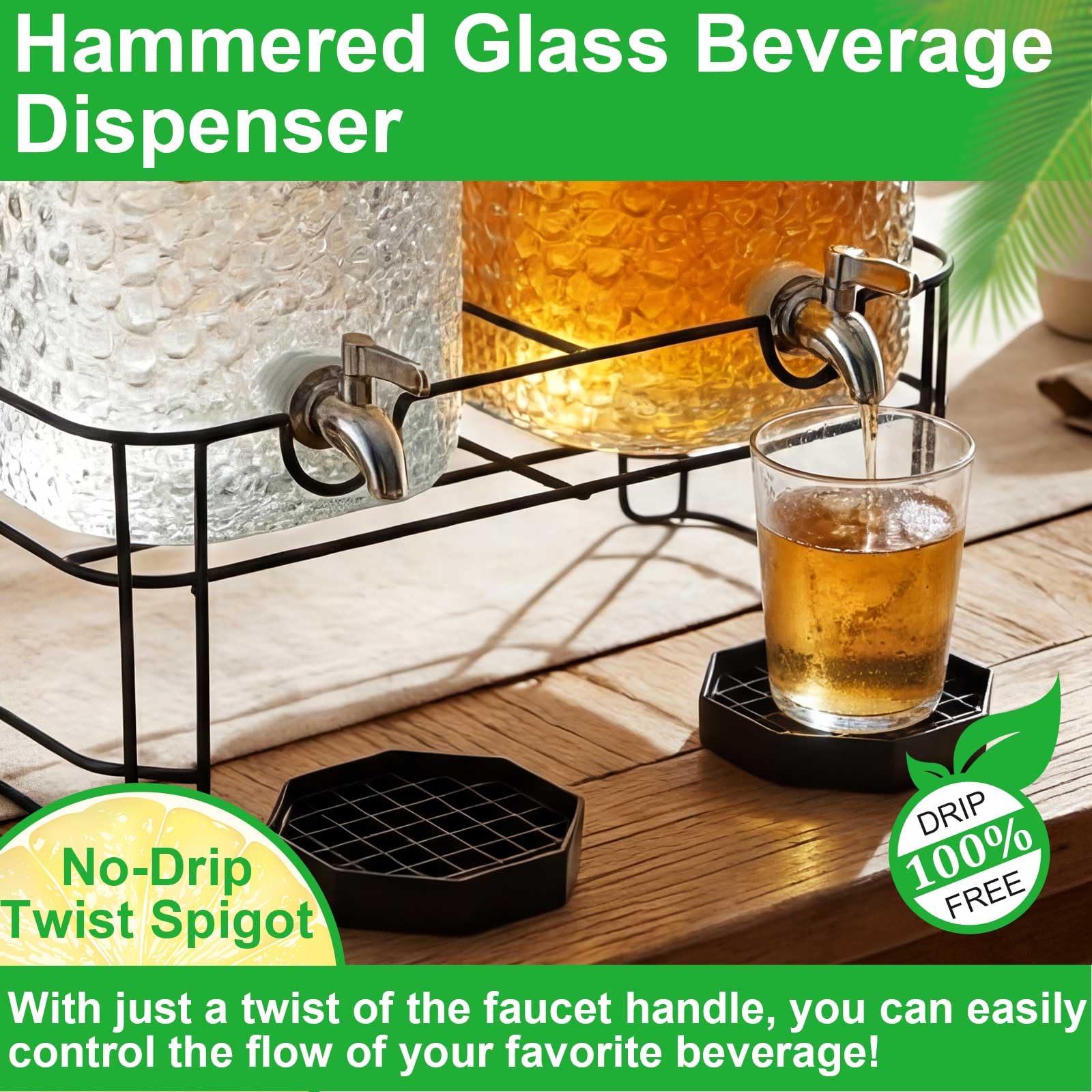 Getränkespender für Partys, gehämmertes Glas, Getränkespender mit Ständer, Edelstahl-Zapfhahn und Tropfschalen, Wasserglas-Krug für Limonade, Saft, Tee und Partygetränke, 2 Stück