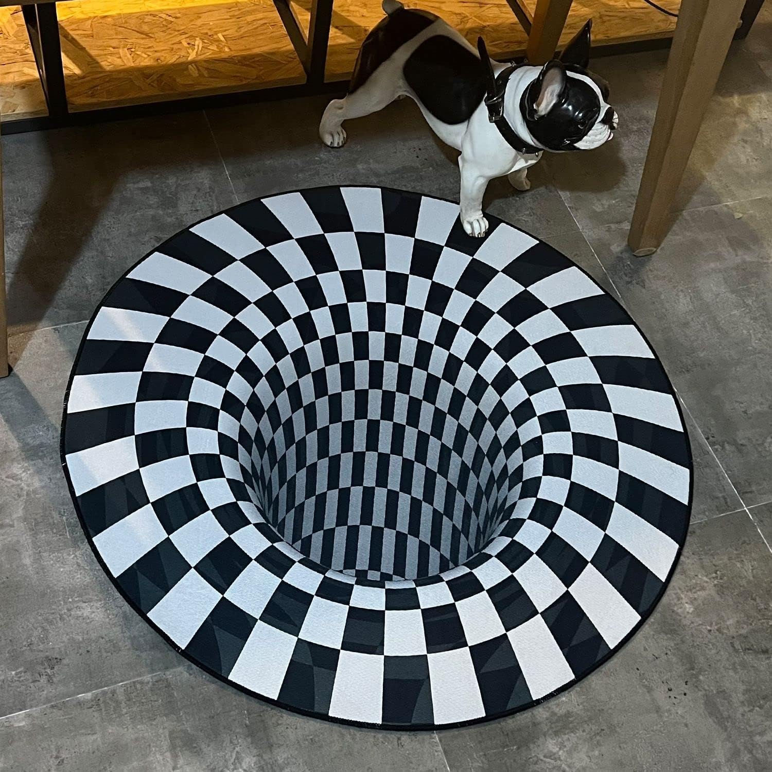 3D Carpet Bottomless Hole Optical Illusion Area Rug, Checkered Optical
