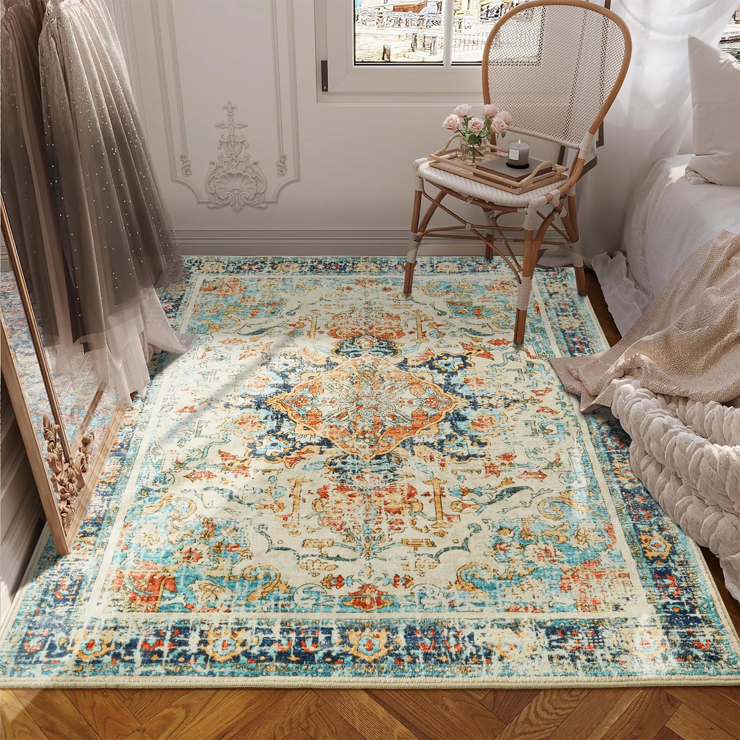 Washable Area Rug - 3'x5' Boho Bedroom Rug Indoor, Non-Slip Low-Pile Rugs for Living Room Bathroom Kitchen Front Door, Entry Throw Carpet Stain Resistance (Multi, 3x5ft)