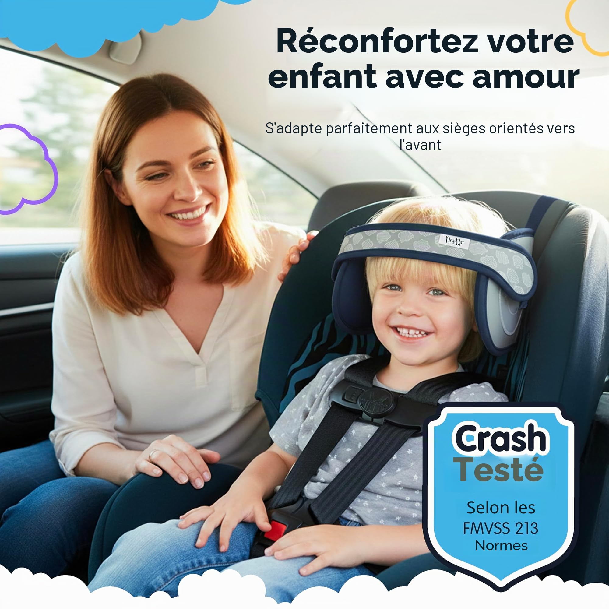 NAPUP Support de tête pour enfants pour sièges de voiture – Solution de soutien sûre et confortable pour la tête et le cou pour sièges de voiture orientés vers l'avant et rehausseurs à dossier haut –