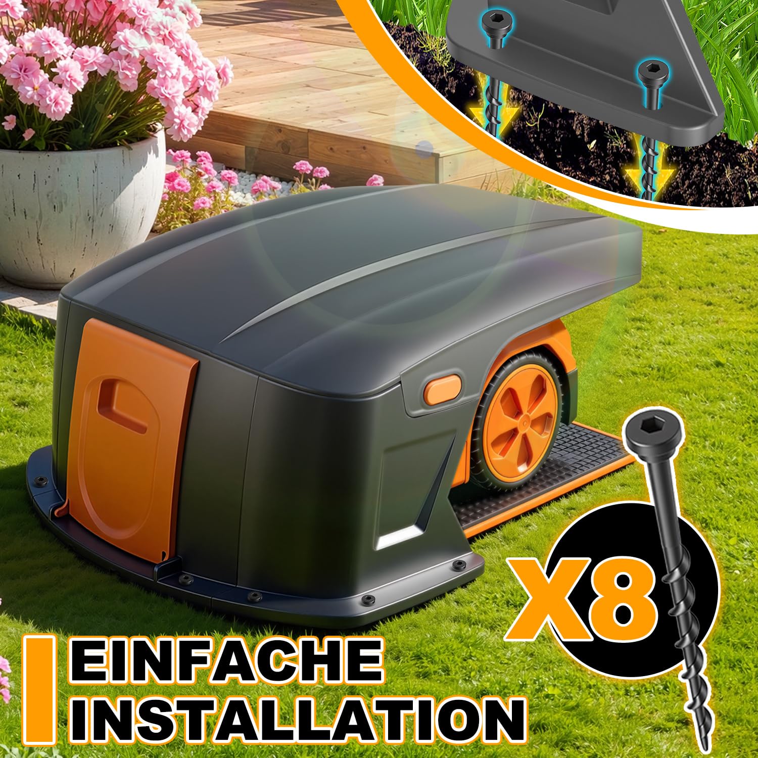 Garaje para robot cortacésped de ABS, 70,5 × 57 × 33 cm, cubierta impermeable para robot de césped y estación de carga, protección UV y lluvia, universal, incluye material de montaje