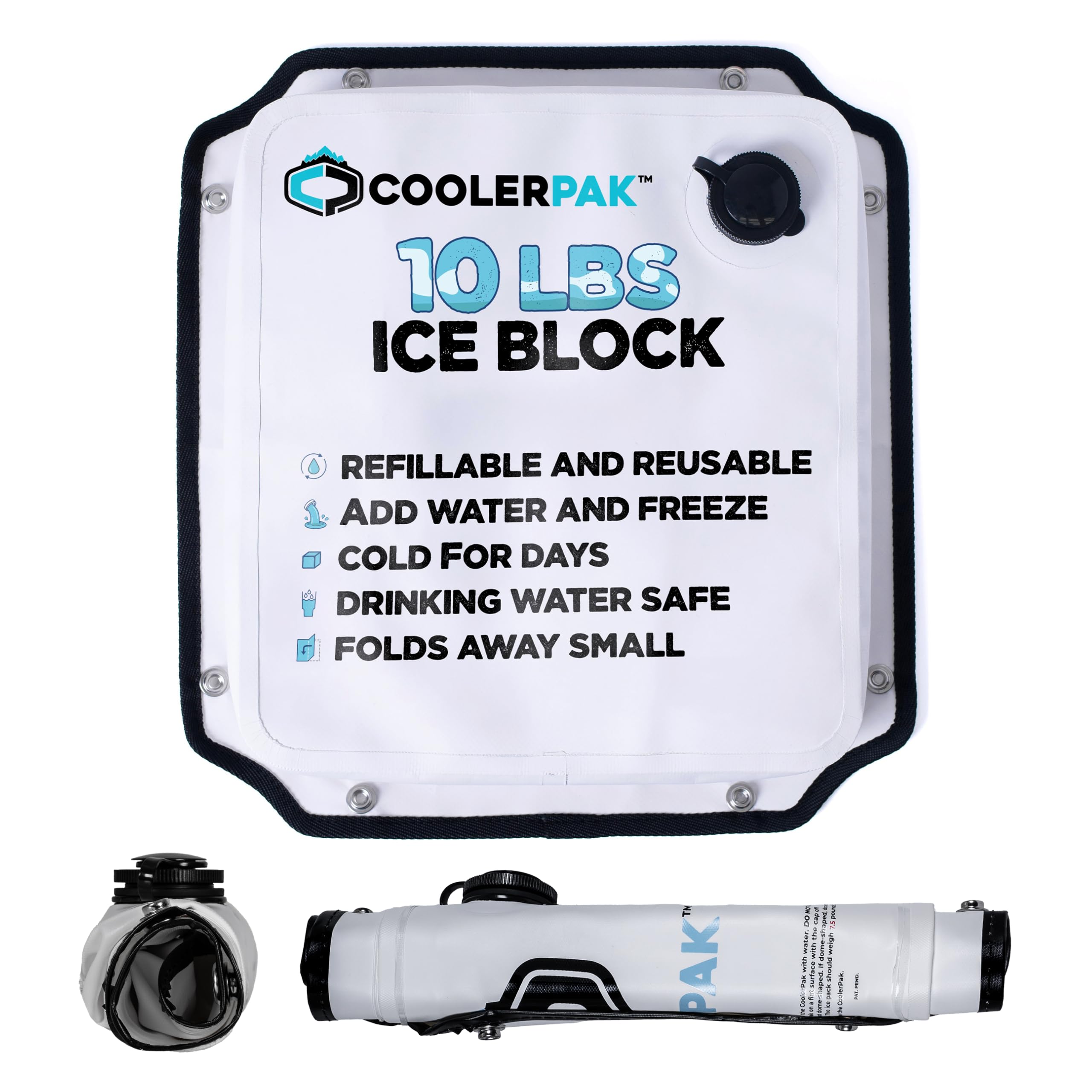 CoolerPak 7lb, 10lb, 15lb Refillable Reusable Ice Pack – Stays Cold for Days – Non-Toxic, Leakproof, and Suitable for Potable Drinking Water – Built