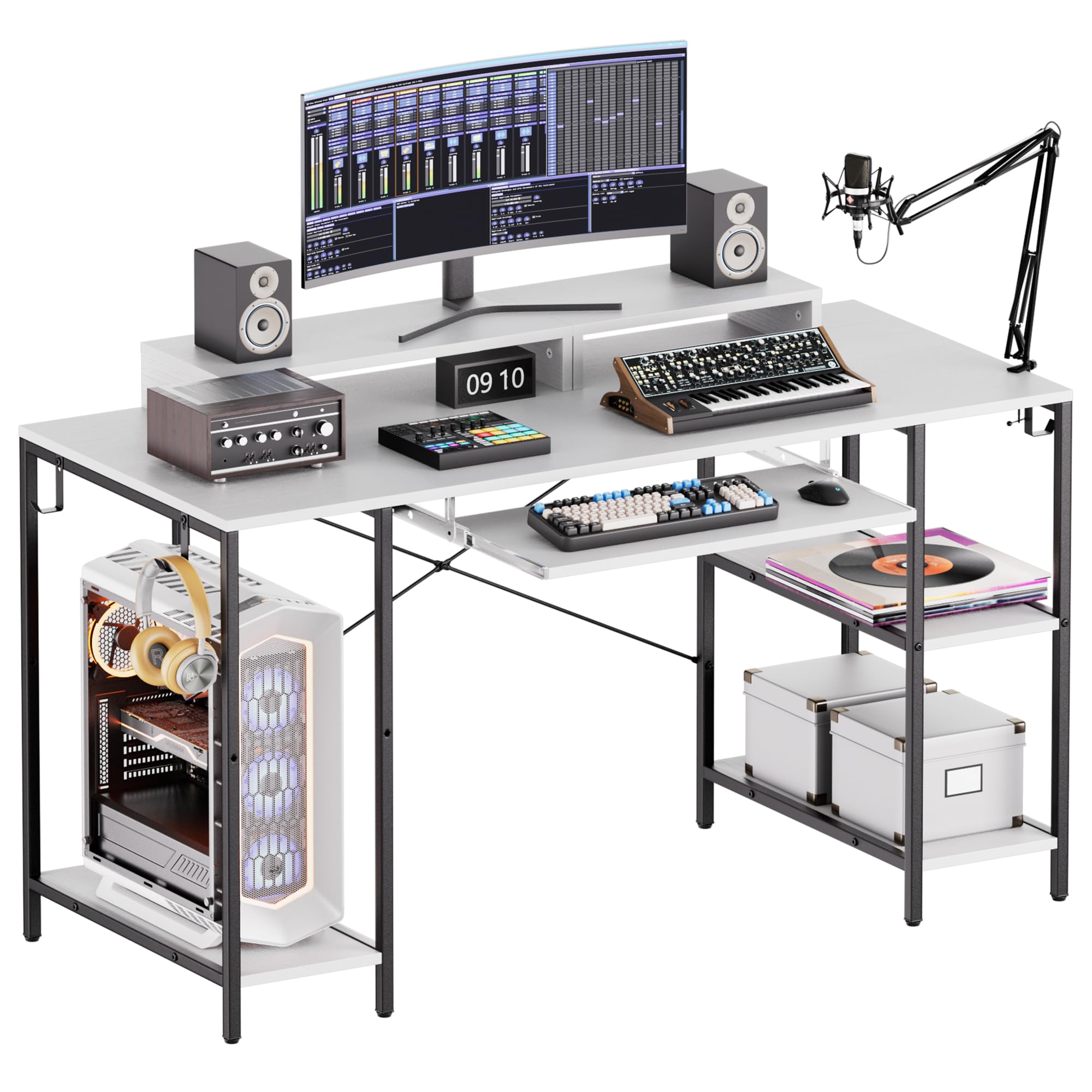 Computer Desk with Keyboard Tray, 55 Inch Music Studio Desk Music Production Desk with Storage Shelves Monitor Stands and 4 Iron Hooks, Workstation Gaming Table for Home Office