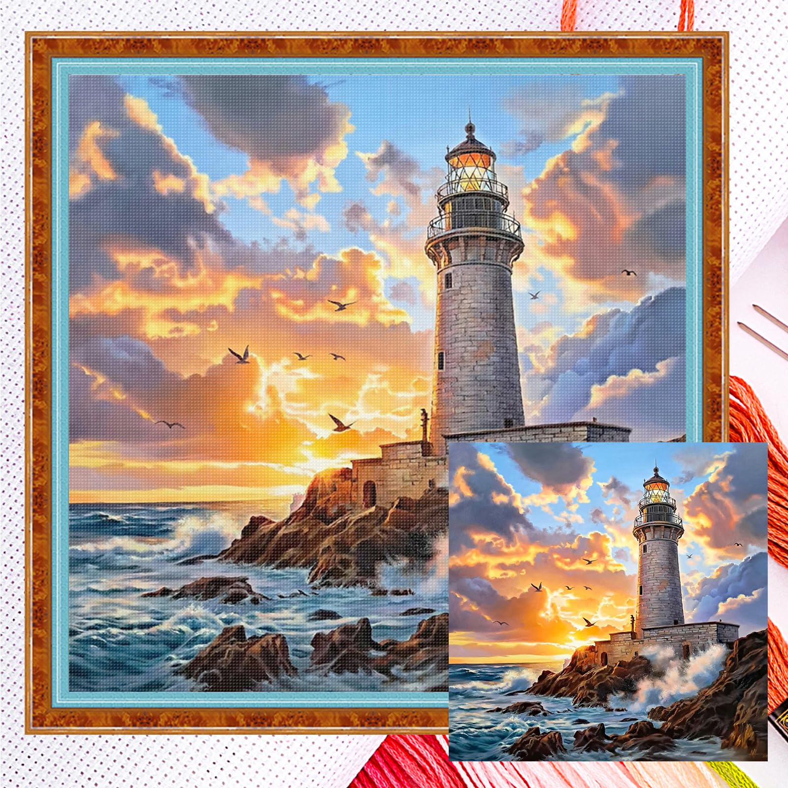 Poetrydraw Multicolor Lighthouse Full 11Ct 3 Strands Diy Counted Cross Stitch Kits For Beginners Adults Gift Home Wall Decor Embroidery Needlepoint Starter Kits 40X40cm (Lighthouse)