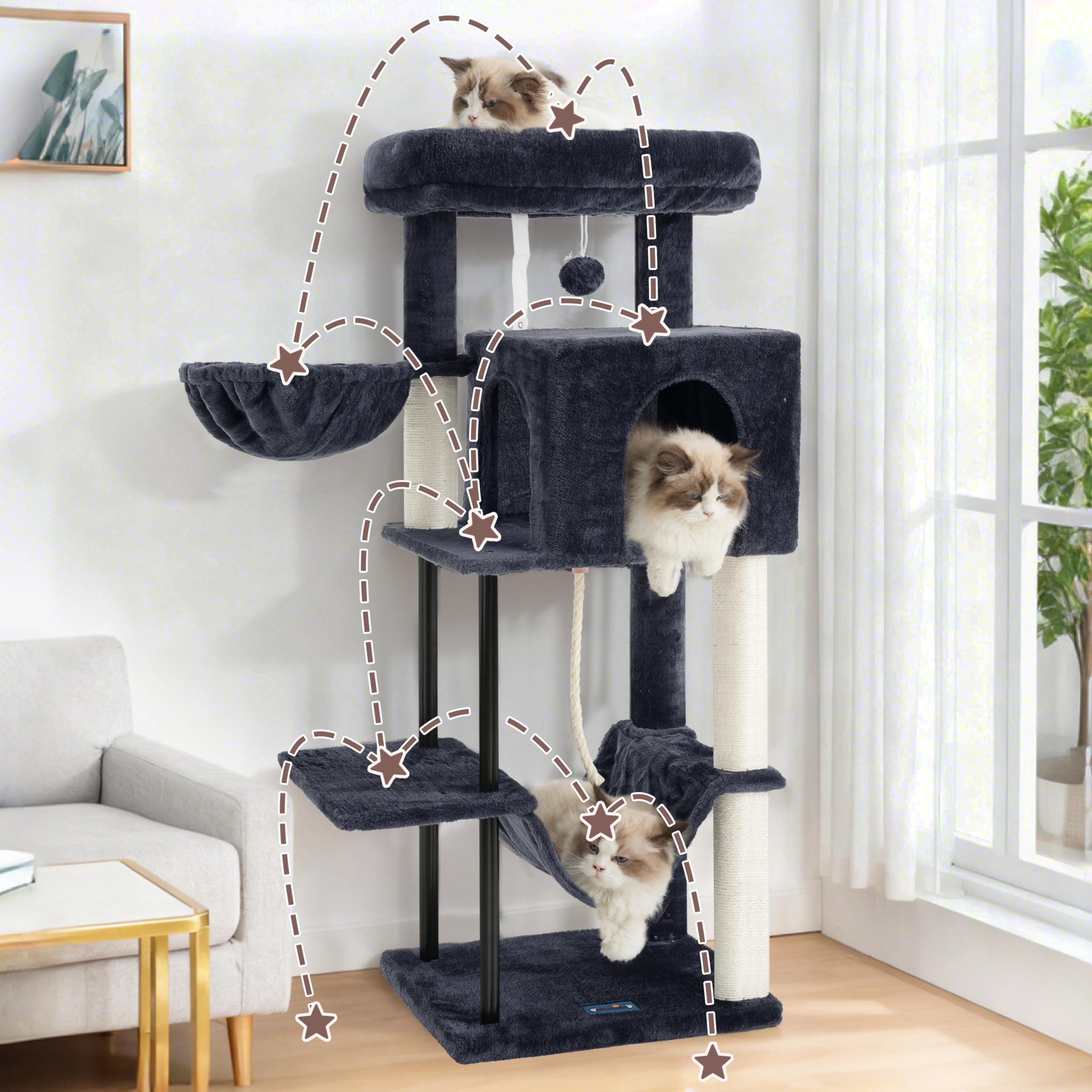Gitelsnour Rascador para Gatos, Árbol para Gatos de Interior de 110 cm con Tubo de Acero Resistente, Hamaca, Rascadores, Gris Ahumado GCT004SG-2