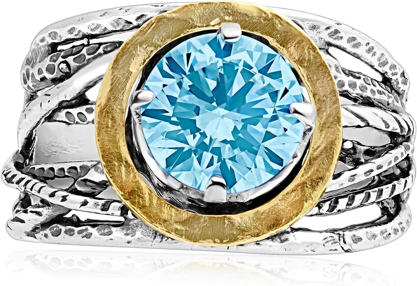 JEAN RACHEL JEWELRY Mixed Metal Two Tone Ring for Women – CZ Wire Wrap – 925 Sterling Silver & 14K Gold Over Silver – Sculptural Wire Band with Round CZ – Hypoallergenic Design