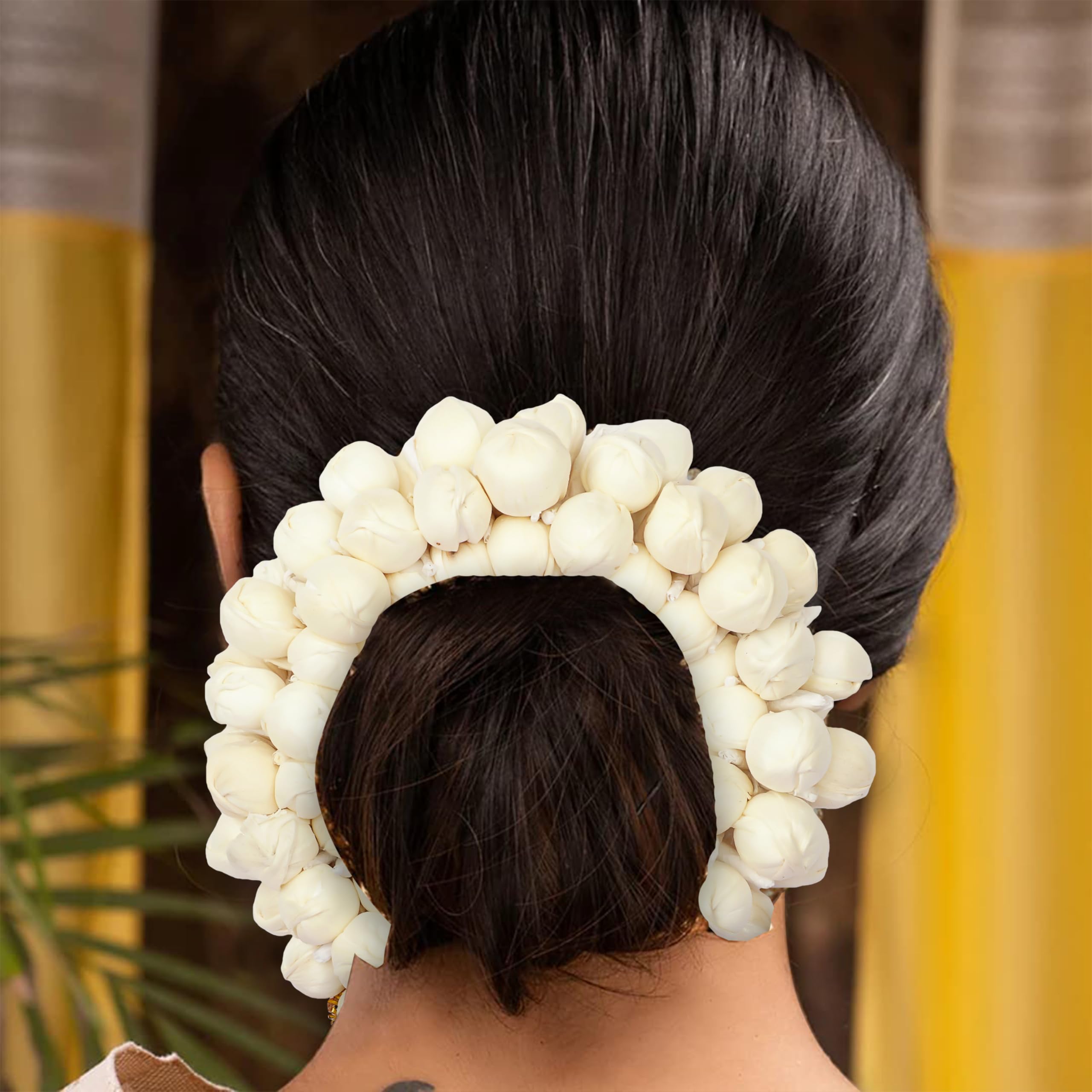 TrendyTrolley Artificial Mogra Gajra 2 Pc Set | Yellow & White Gajra for Women | Bridal Wedding Haldi Mehendi Bride to Be Bharatanatyam Kathak Dance Hair Accessorie | Floral Bun for Hair Styling 2