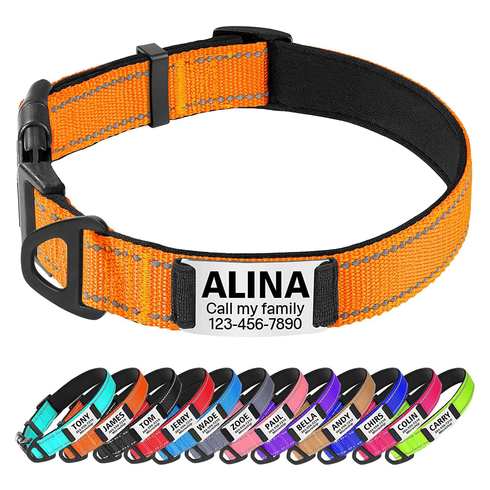 TagME Personalized Dog Collar with Name Plate, Custom Reflective Pet Collars with Engraved Slide on ID Tags for Large Dogs,Orange