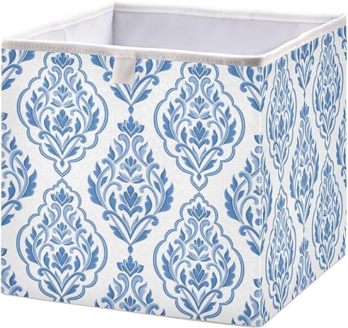 Kigai Contenedores de almacenamiento con diseño de damasco azul y blanco, 11 x 11 x 11 pulgadas, cesta de almacenamiento plegable grande de tela,