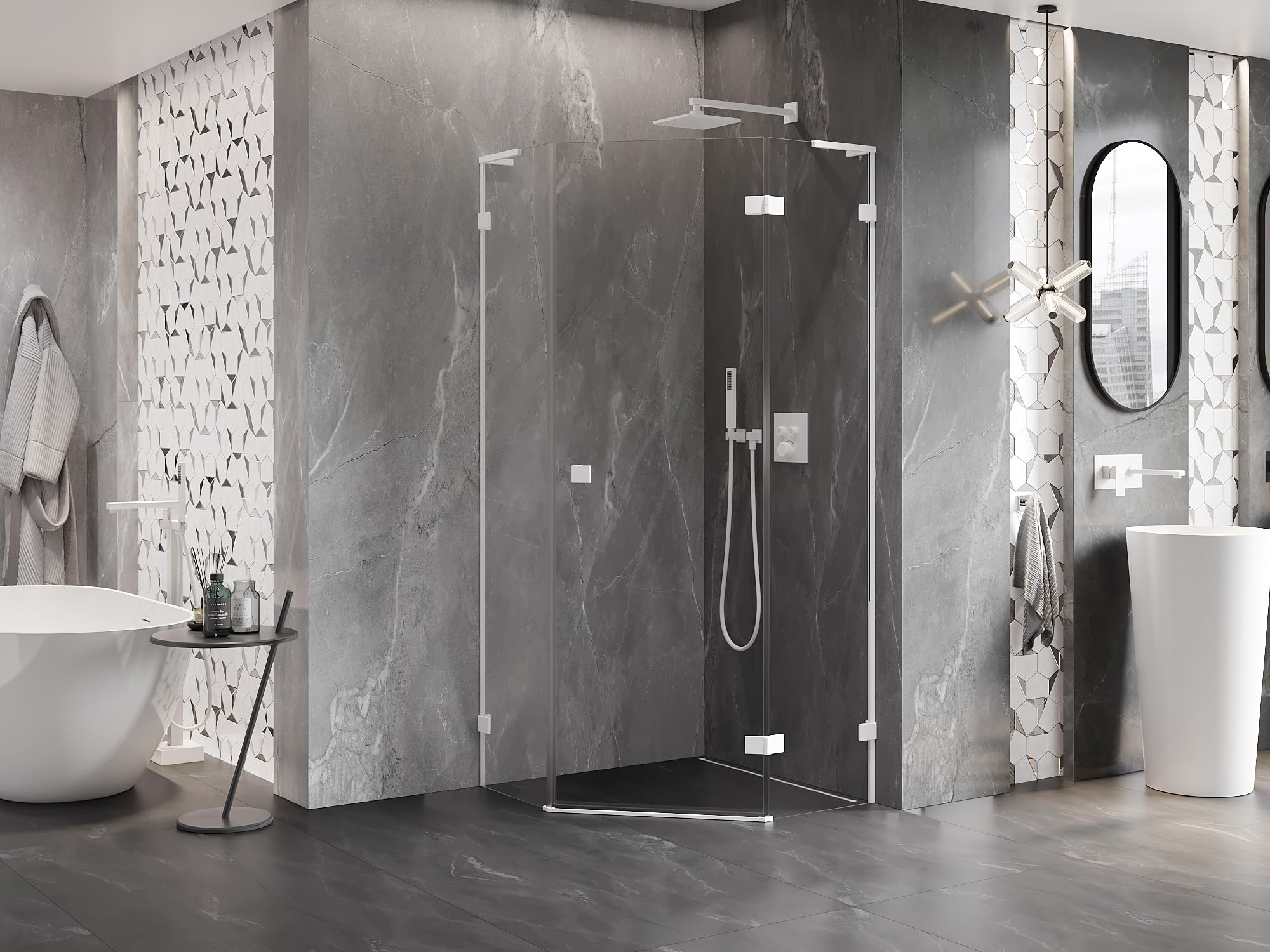 Mexen Lunar L Box Doccia Cinquagonale con Ante a Battente Destra 90x90 Trasparente Bianco