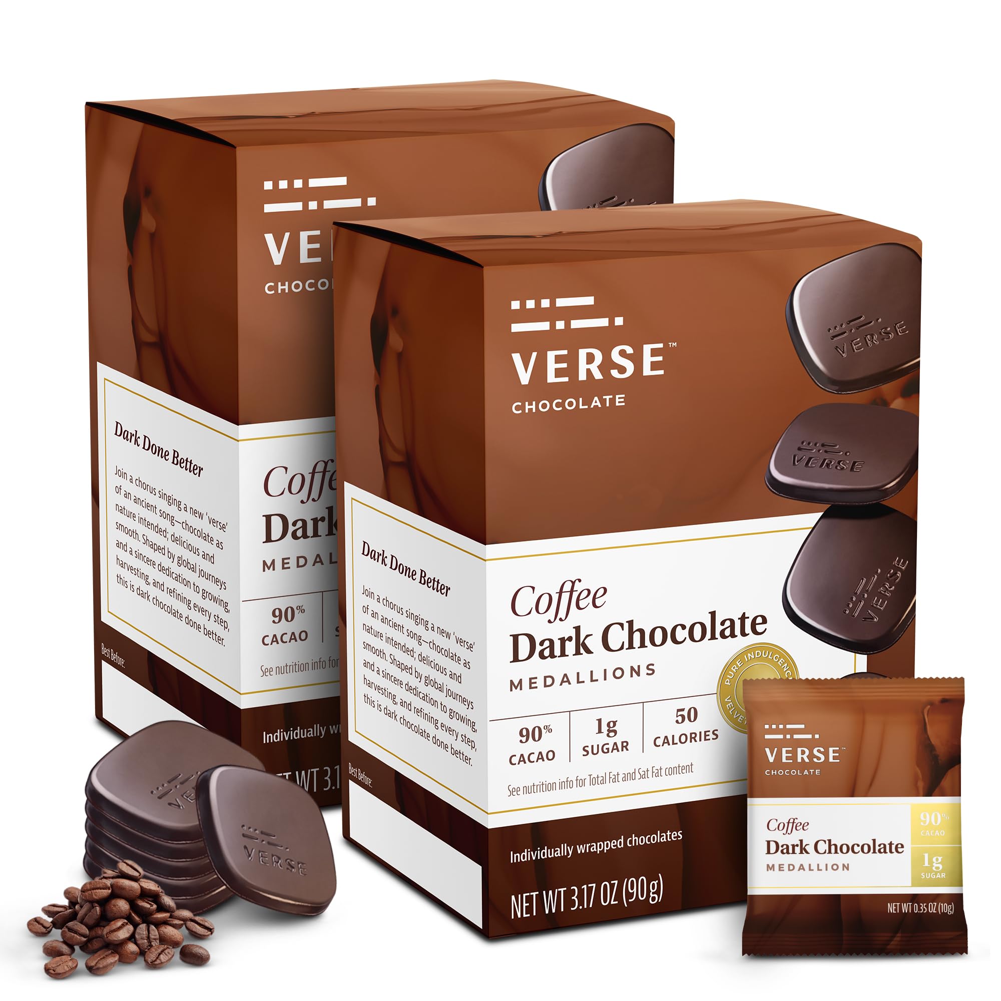 Verse Luxury Dark Chocolate Coffee Squares - Only 1g Cane Sugar - Coffee Flavored 90% Dark Cocoa - Individually Wrapped Cacao Chocolate Squares (9 Count, 2 Pack)