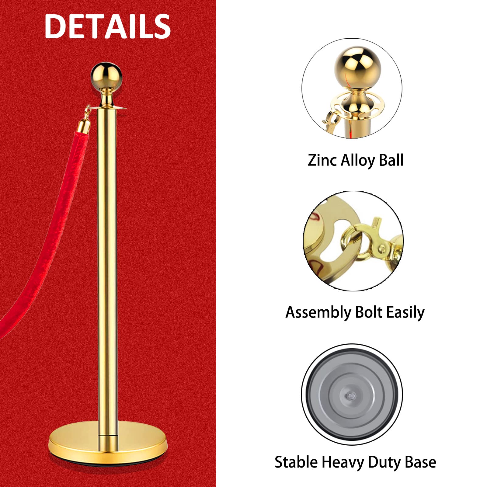 Gold Stanchions and Velvet Ropes, Red Carpet Ropes and Poles 5ft/1.5 M, Stainless Steel Stanchion Post, Rope Safety Barriers Waterproof and Rustproof Set for Party Supplies (Gold-2PCS)