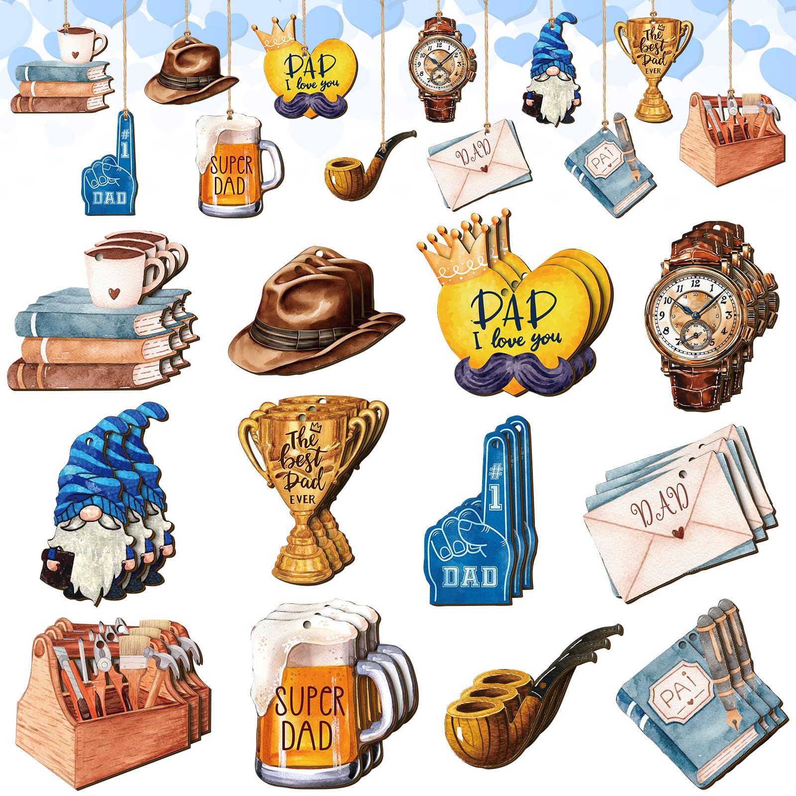 Yuntau 24 Pieces Father's Day Wood Hanging Ornaments Happy Father's Day Decorations with Tree Rope for Dad Man Birthday Party Decor Supplies