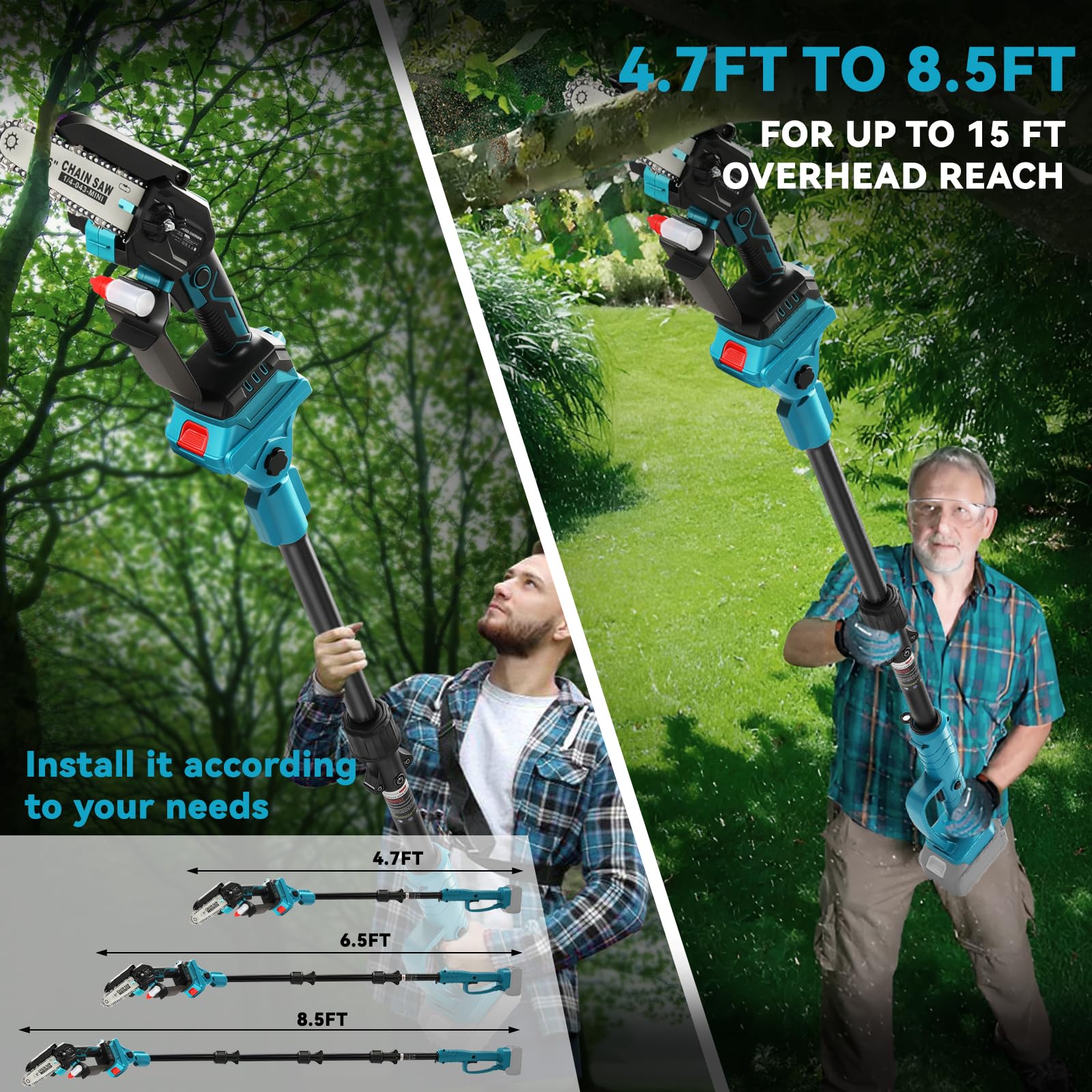 Akku Hochentaster für Makita 18V Batterie (Ohne Akku), 6 Zoll Profi-Astsäge Ast Kettensäge mit Verlängerungsstange, Arbeitshöhe bis 4,5m(Stangenlänge 2,5m), Ideal für Garten und Astschnitt