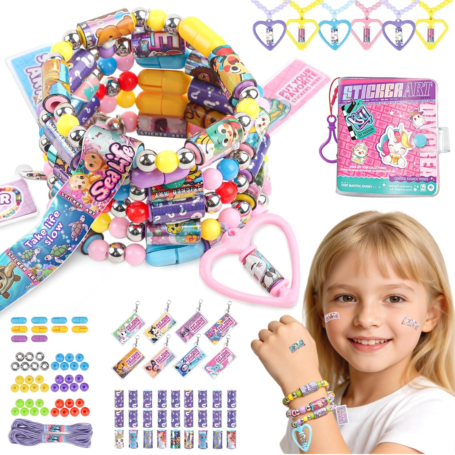 DIY Sticker Jewelry Making Kit 960pcs with Book, Sticker Bracelet Kit for Kids, Wearable Shareable Sticker Bracelet Making Kit for Girls 5-12, Birthday Easter Gift for 5 6 7 8 9 10 11 12 Year Old