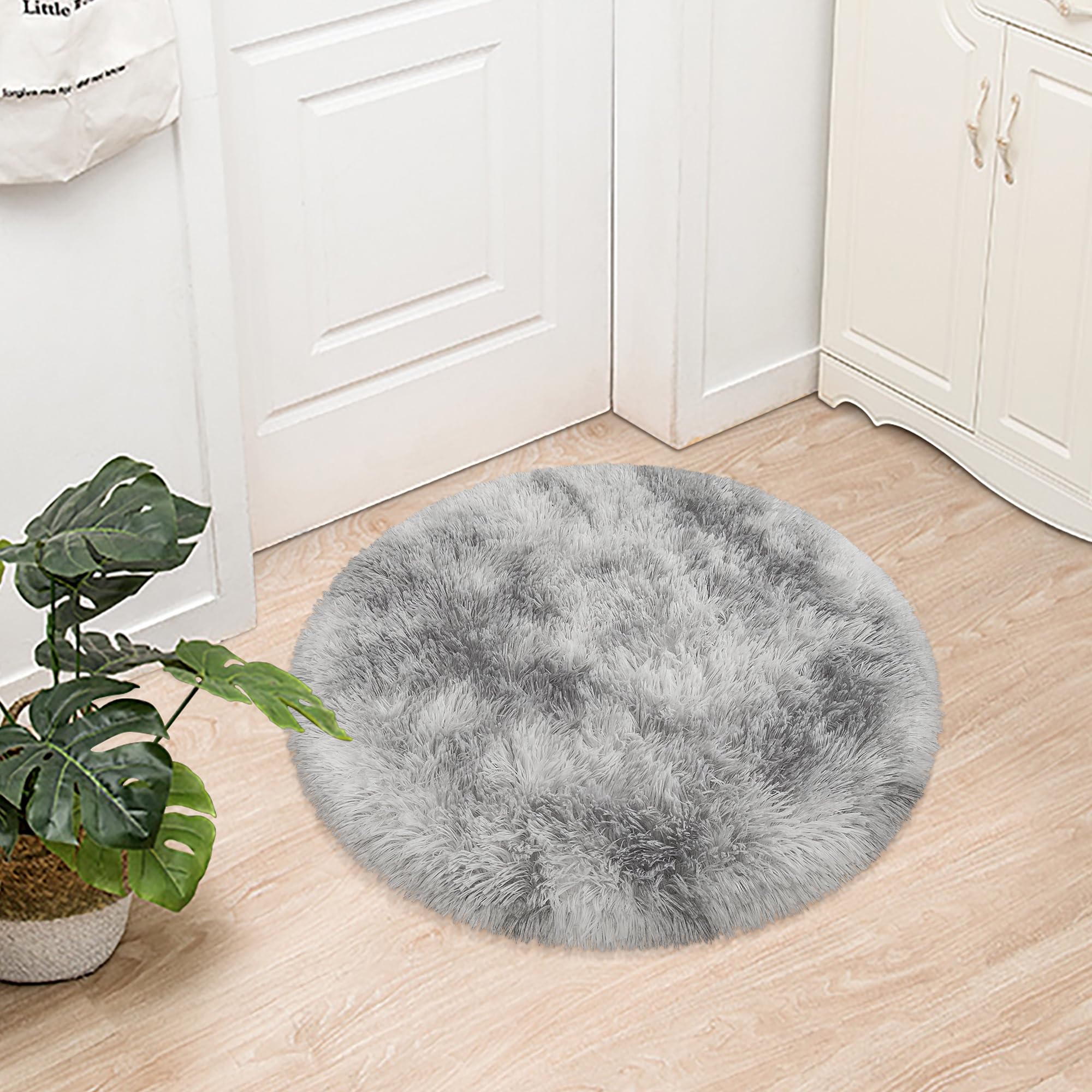 JiaoBaba Tie Dye Grey Round Rugs Small 3x3 ft Fluffy Circle Rug Furry Carpet Shaggy Circular Fuzzy Plush Area Rug for Girls Bedroom Kids Room Living