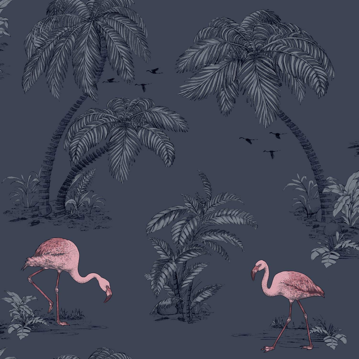 Yöl Blue,Pink Flamingo Lake Wallpaper Palm Trees Tropical Birds Midnight Blue Pink