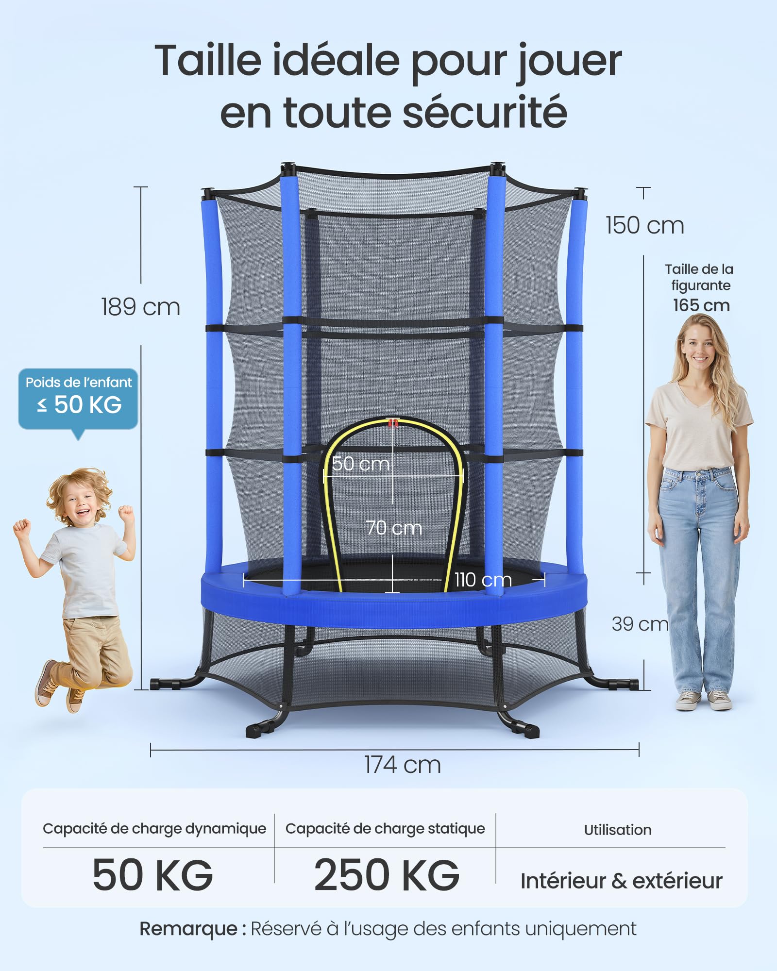 SONGMICS Trampoline pour Enfants, Diamètre 174 cm, avec Filets de Protection, Coussins de Sécurité, Mini Trampoline Fitness, Cadre en Acier, pour Intérieur, Extérieur, Jardin