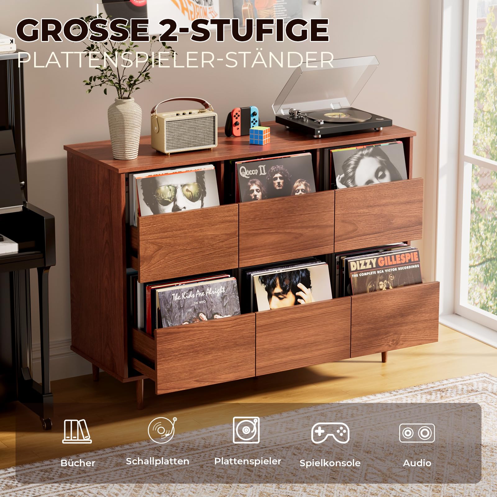 BROTTAR Großer Plattenspieler-Ständer 120 cm, Schallplattenaufbewahrung für 17/25/30 cm Platten, Mid-Century Medienschrank mit Schubladen, Schallplattenhalter für Wohnzimmer & Musikecke, Braun