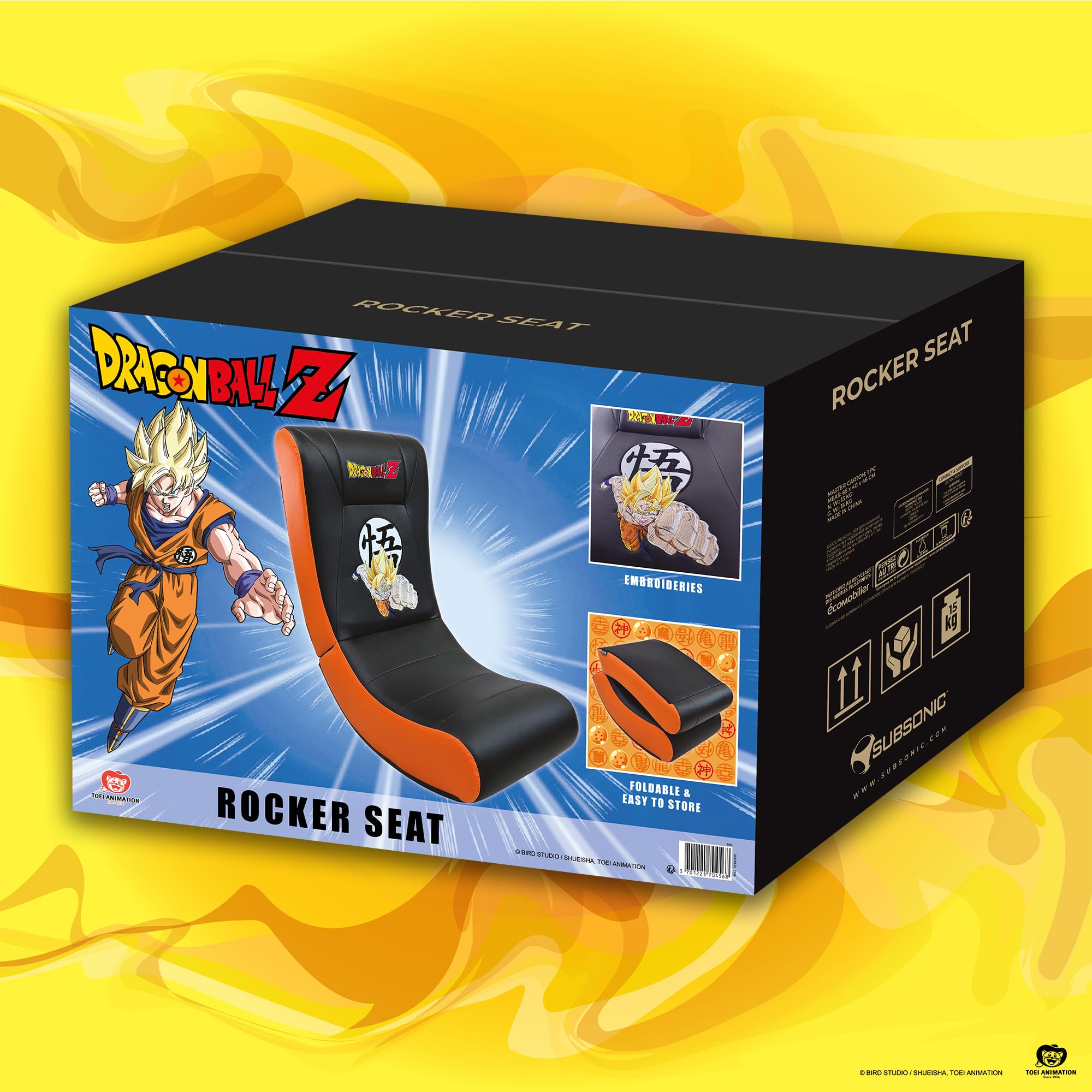 SUBSONIC – Gaming-Schaukelstuhl Dragon Ball – Ergonomischer Schaukelstuhl mit offizieller Lizenz – Kunstleder in Schwarz und Orange mit Stickereien – Bequemer Stuhl für Wohnzimmer oder Schlafzimmer