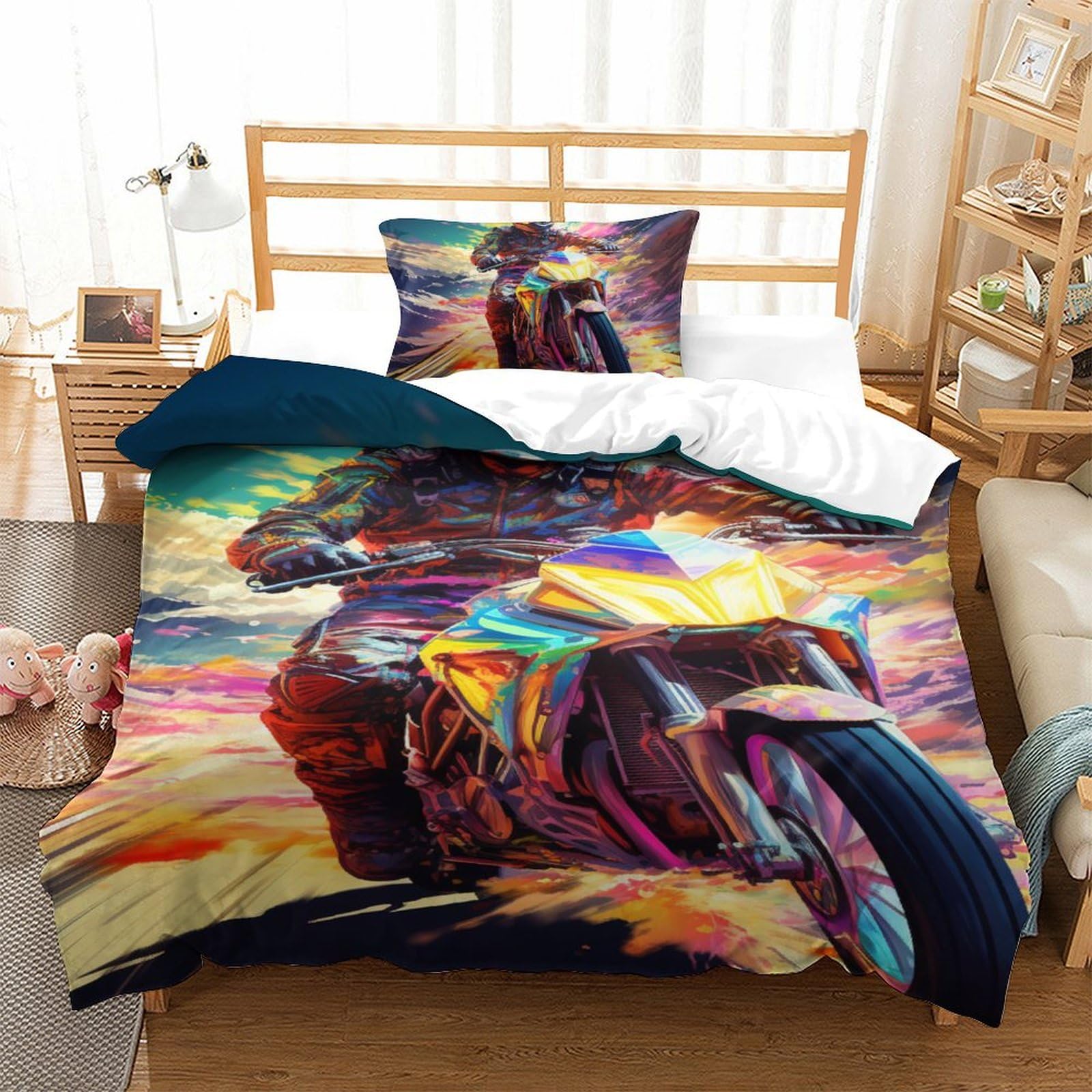 Housse de couette moto 135x200cm, le cadeau idéal pour lit simple d'adolescent