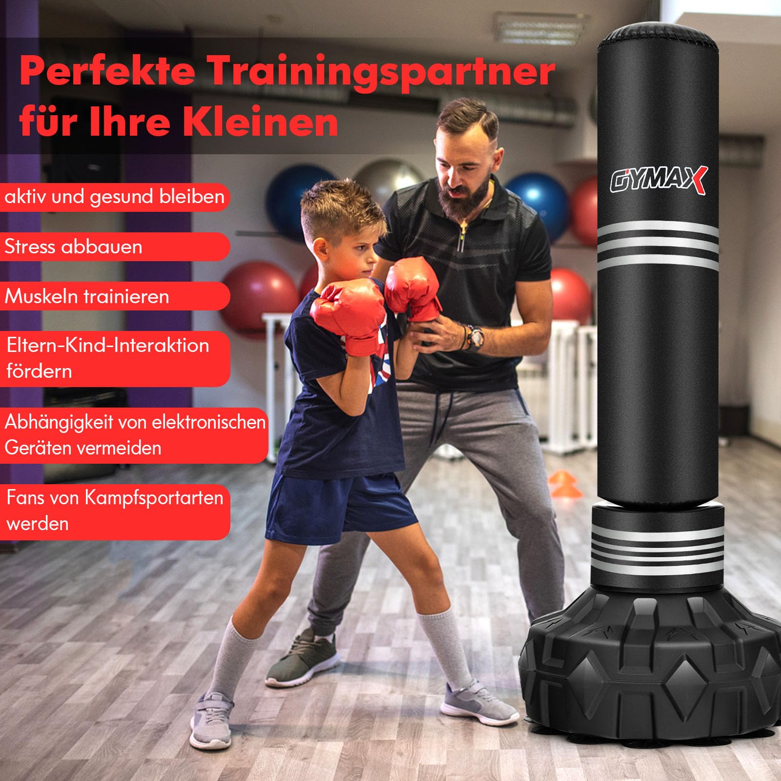 GYMAX Boxsack Stehend Erwachsene Jugendliche, 170 cm Freistehender Standboxsack mit auffüllbarer Saugnapf-Basis, Punching Bag für Muay Thai, MMA, Boxtraining