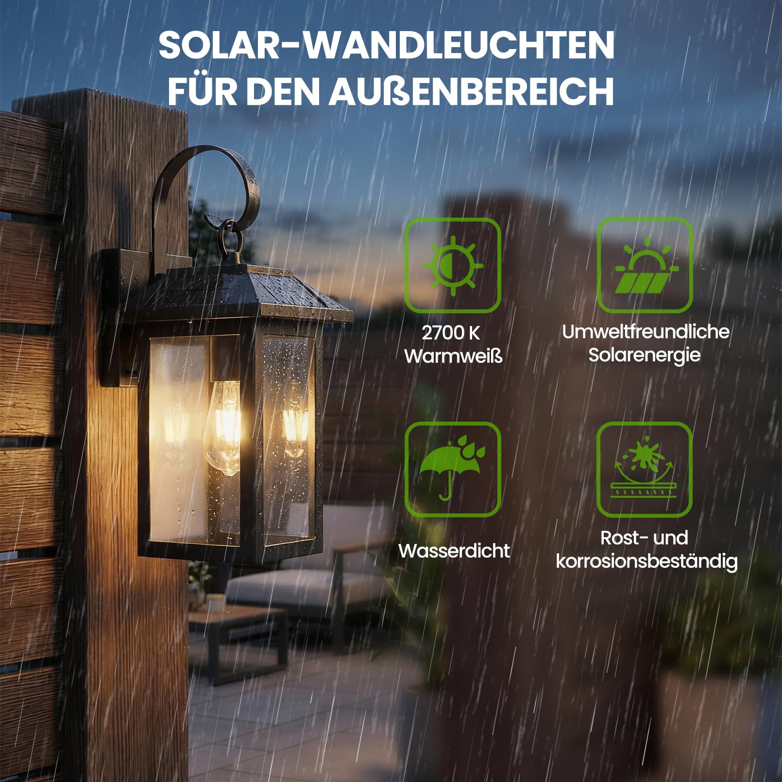 Solarlampen Solarleuchten für Außen, Solarlampen für Außen Garten | Solar Aussenleuchte Aussen Lampe Outdoor Wasserdichte Licht Solarlampe Garten Wandleuchte, Schwarz, E27 Glühbirnen Inklusive