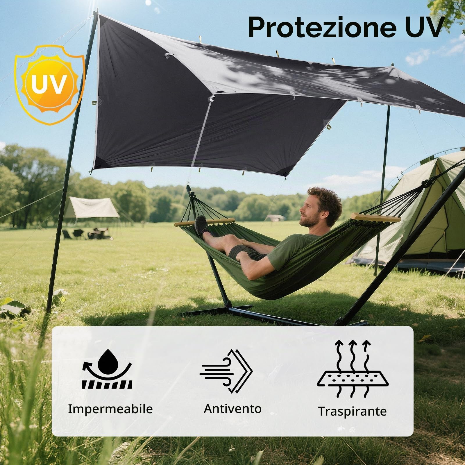 FREE SOLDIER Telo da campeggio impermeabile Tenda amaca grande Telo Telone portatile Tettoia anti-UV Riparo Blocco parasole Tendalino per campeggio Escursionismo Viaggiare(Grigio, Con chiodi)