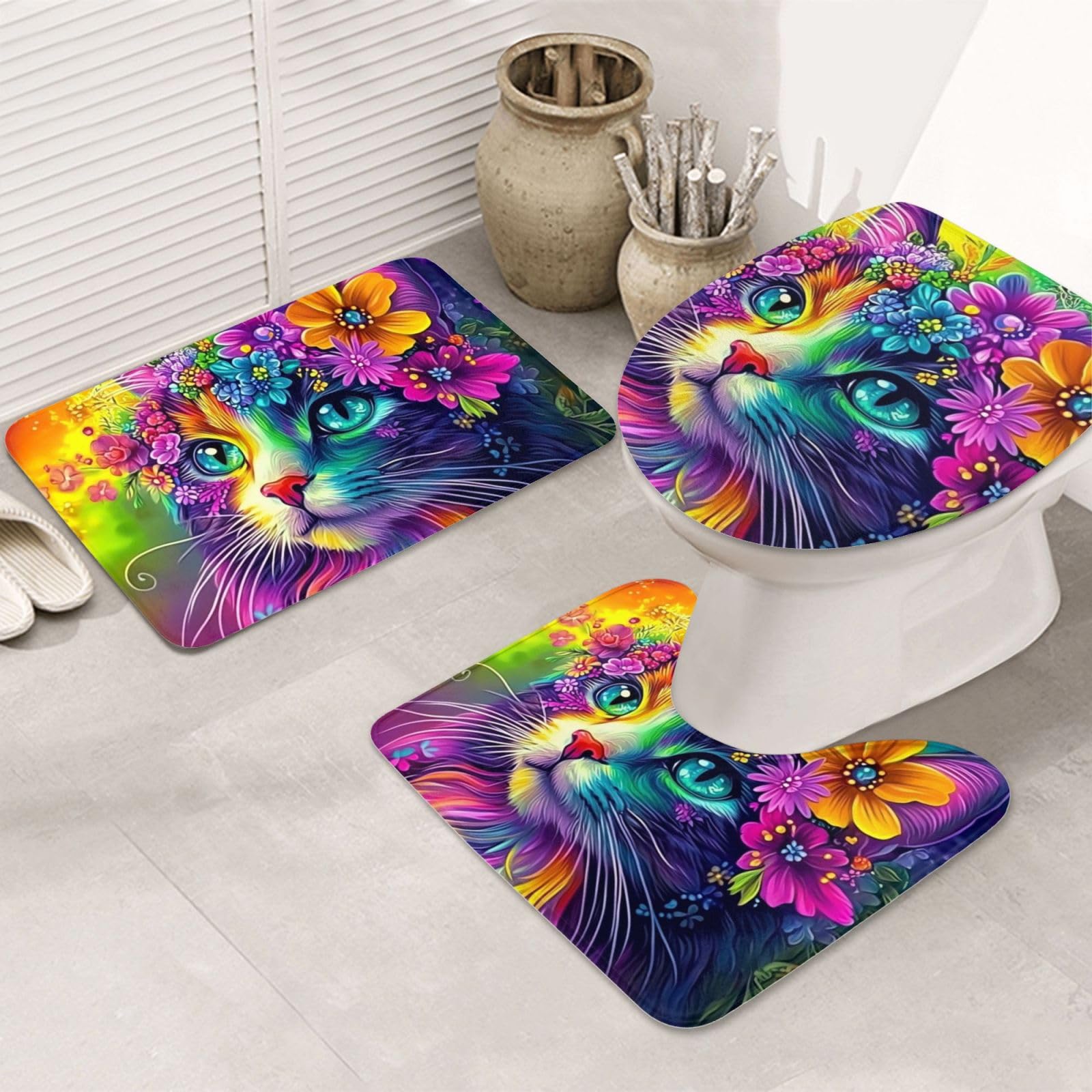 Alfombrillas de baño de gato de colores juego de 3 piezas antideslizantes