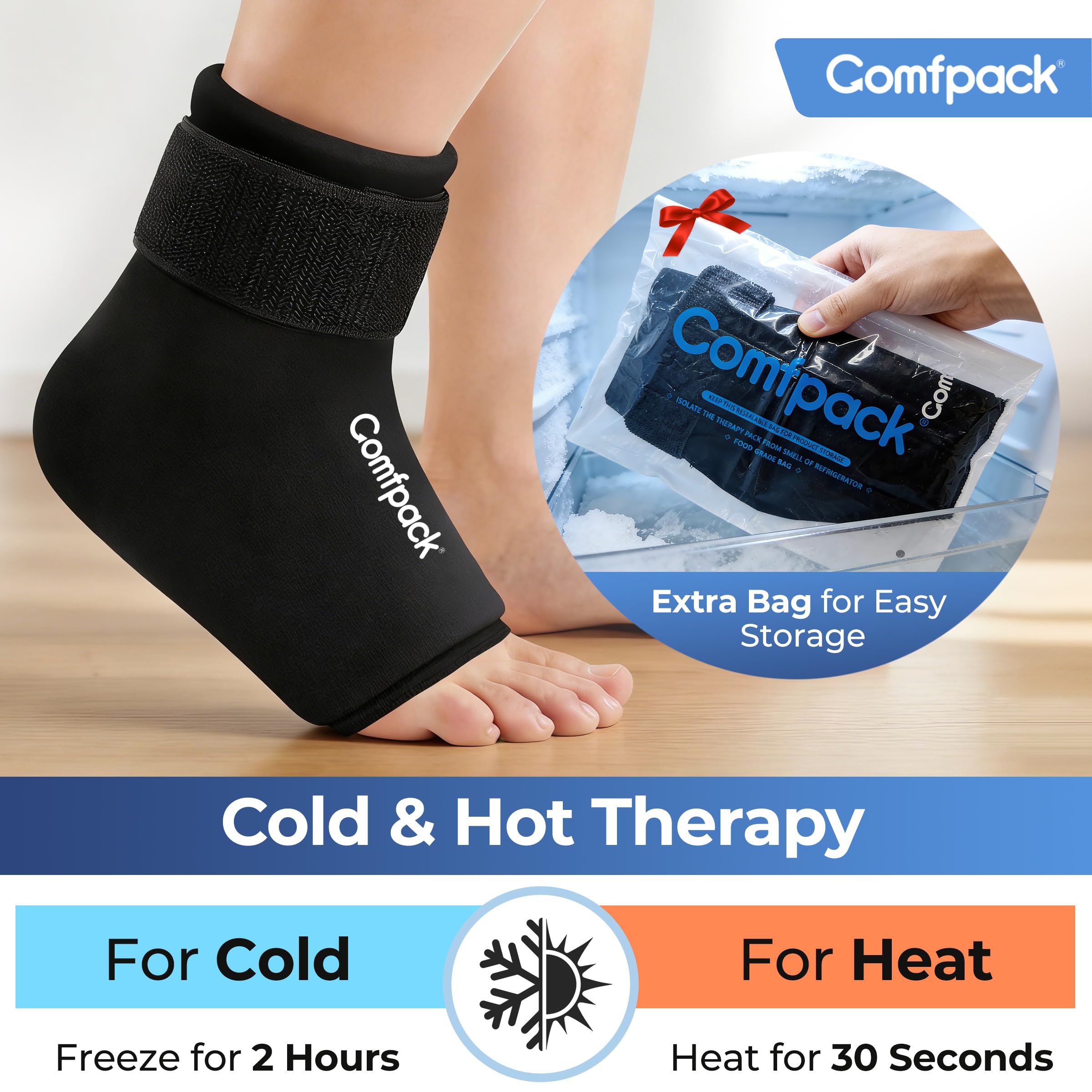 Comfpack Envoltura de hielo para el tobillo, terapia reutilizable para frío y calor | Envoltura de gel flexible para aliviar el dolor de pies de 360°, perfecta para fascitis plantar y esguinces.
