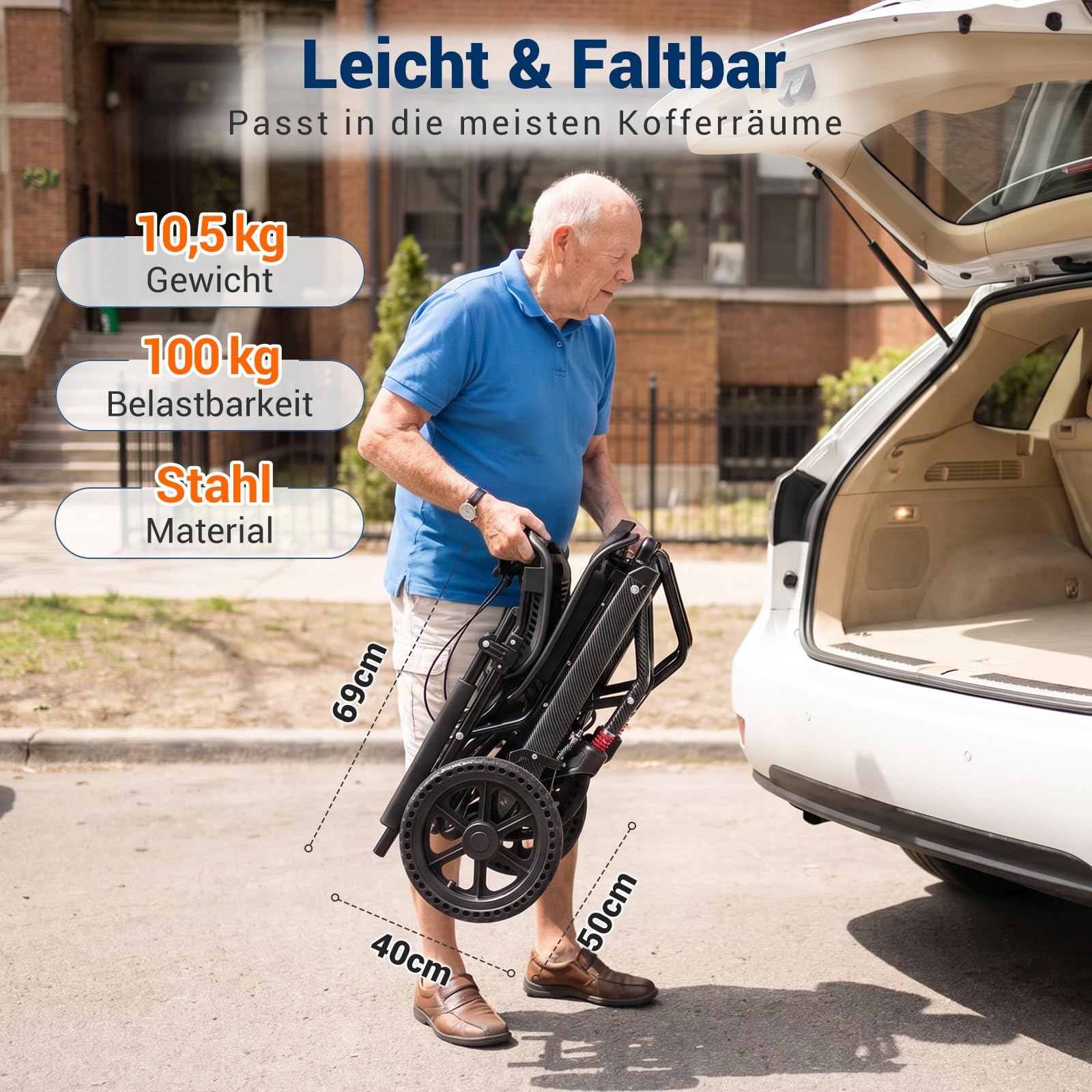 Care-parents Sedia a rotelle pieghevole leggera, 10,5 kg, larghezza della seduta 41 cm, sedia a rotelle da viaggio con asta estensibile, sedia a rotelle da trasporto sottile per appartamento, compatta