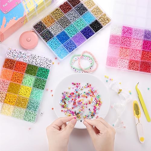Miniatura 5 de Funtopia Más de 7800 cuentas de semillas para la fabricación de joyas, 60 colores pequeñas de cuentas de vidrio para pulseras, kit de pulsera de la