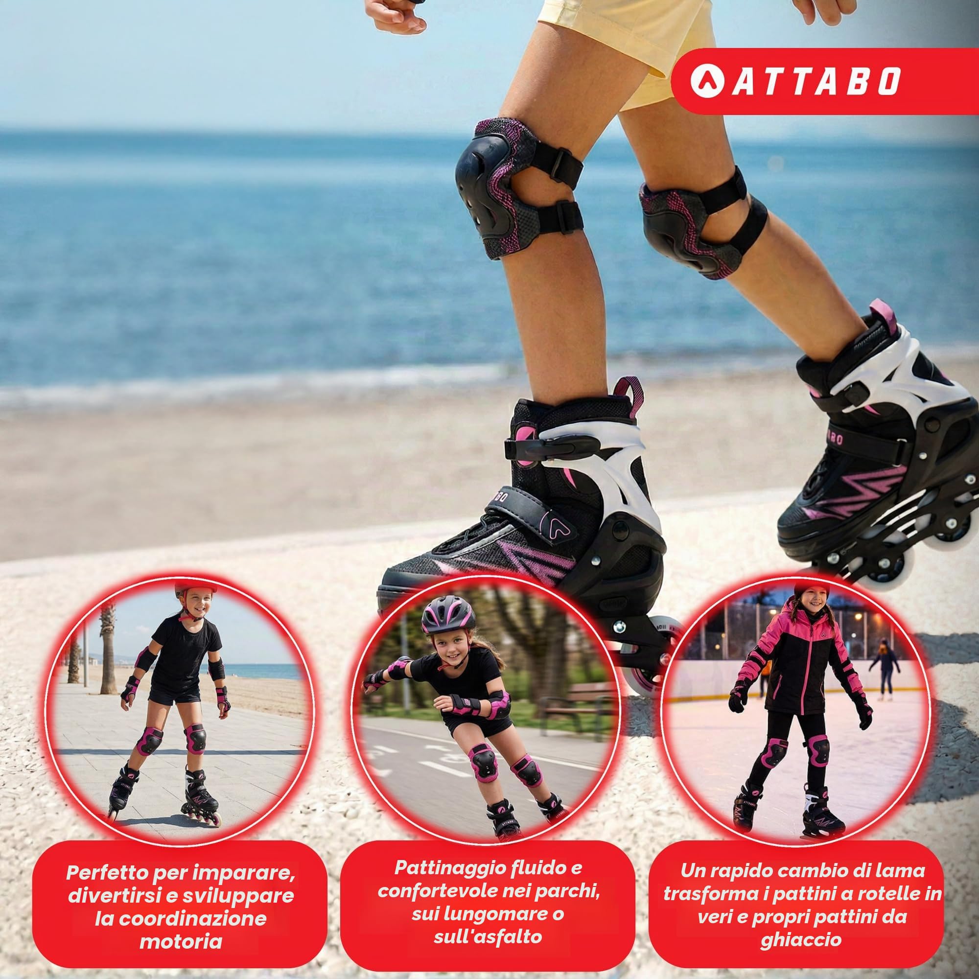 ATTABO Pattini a Rotelle per Bambini Kylo 2in1 Colore Blu|Rosa Pattini a Rotelle Regolabili Versatili per Bambini 30-41 Alta qualità e Comfort con Durezza delle Ruote 82A Perfetta Vestibilità