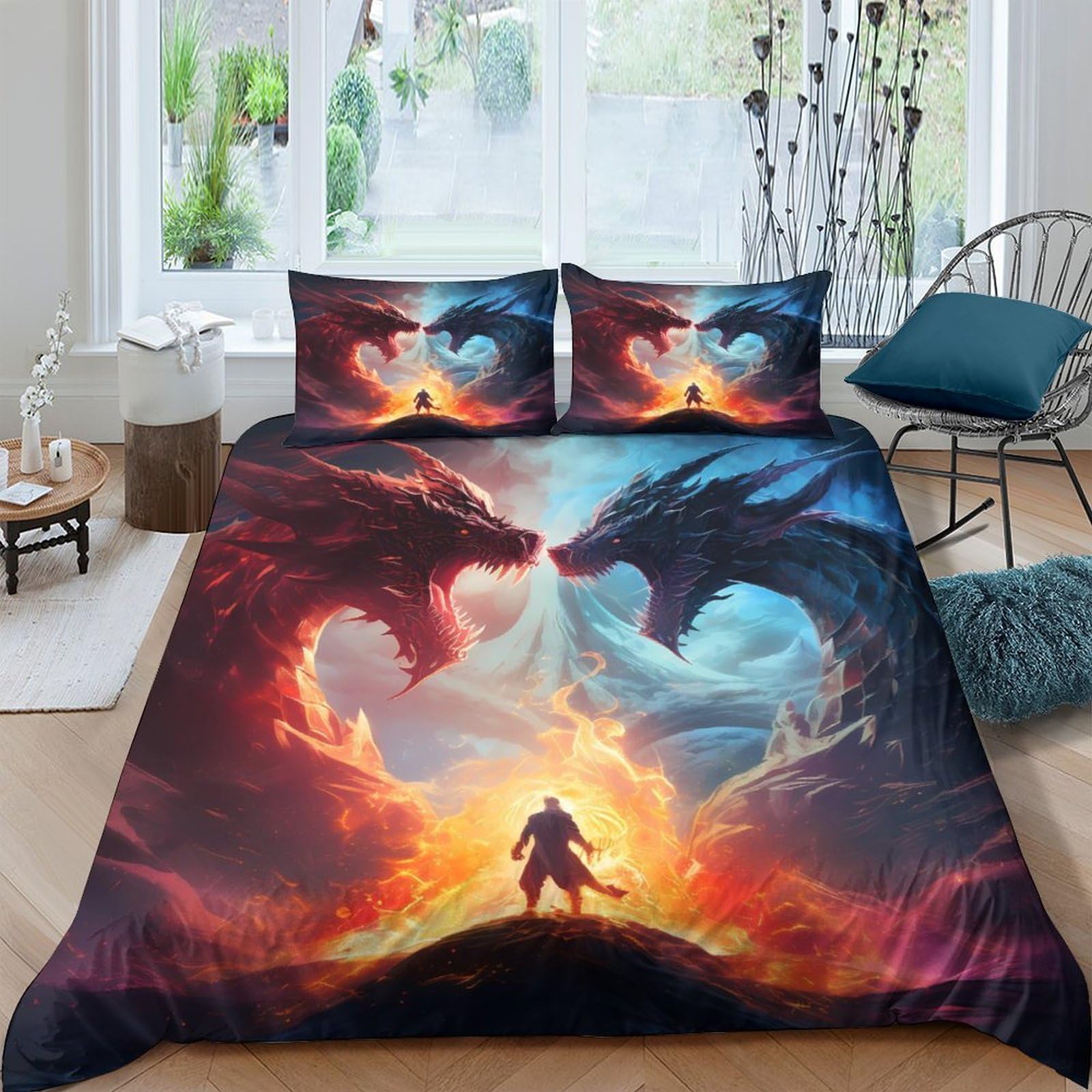 Ctjqhvkz Style-9 3D Printed Fire Dragon Fitted Sheet Microfiber Breathable Blue Ice Dragon Mattress Cover For Bedroom Dorm Decor Single（135X200cm）