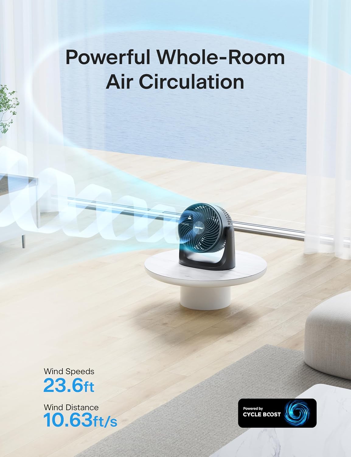PELONIS fan circulating air powerfully across a room, showing wind distance.